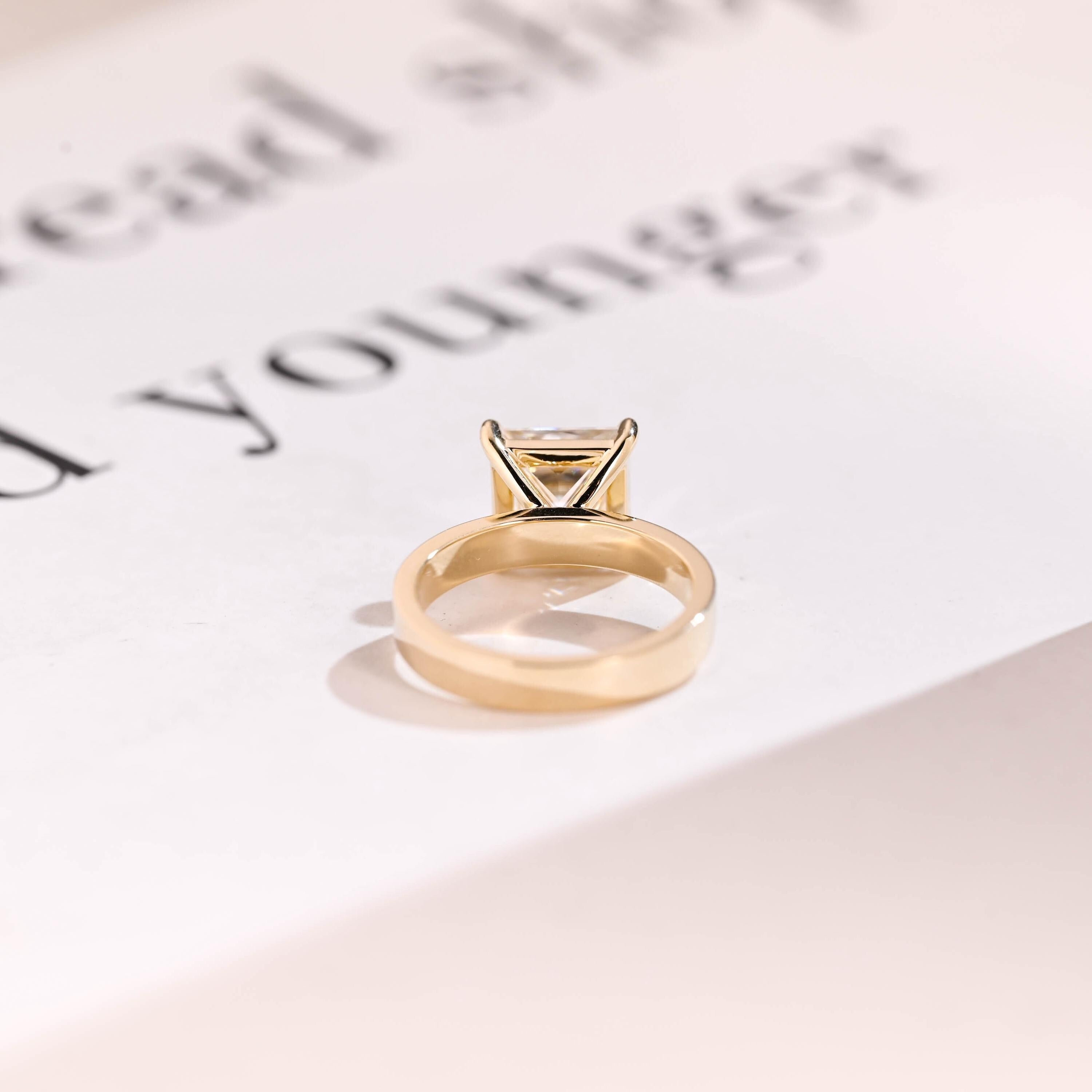 Solid Gold Princess Moissanite Engagement Ring, 3mm Wide Band Bridal Ring