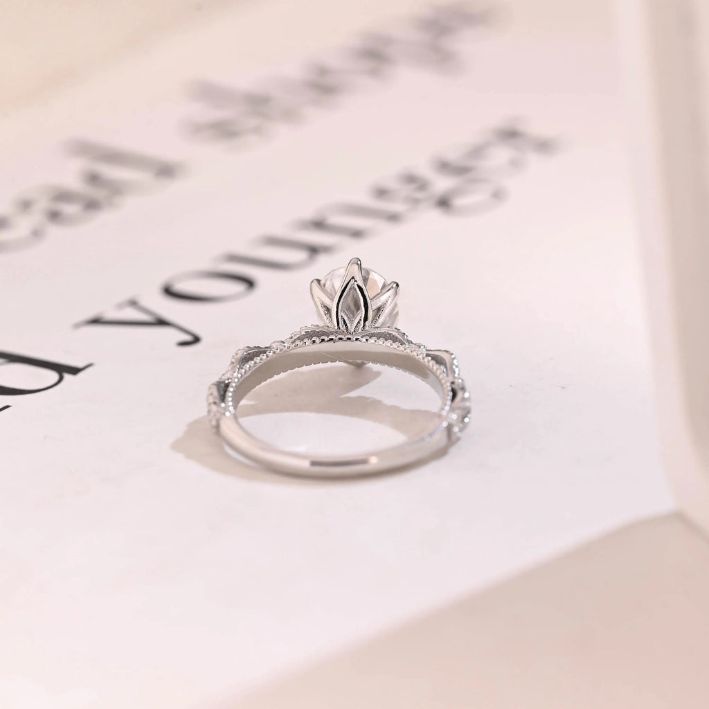 Solid Gold Oval Moissanite Tulip Flower Half Pave Engagement Ring