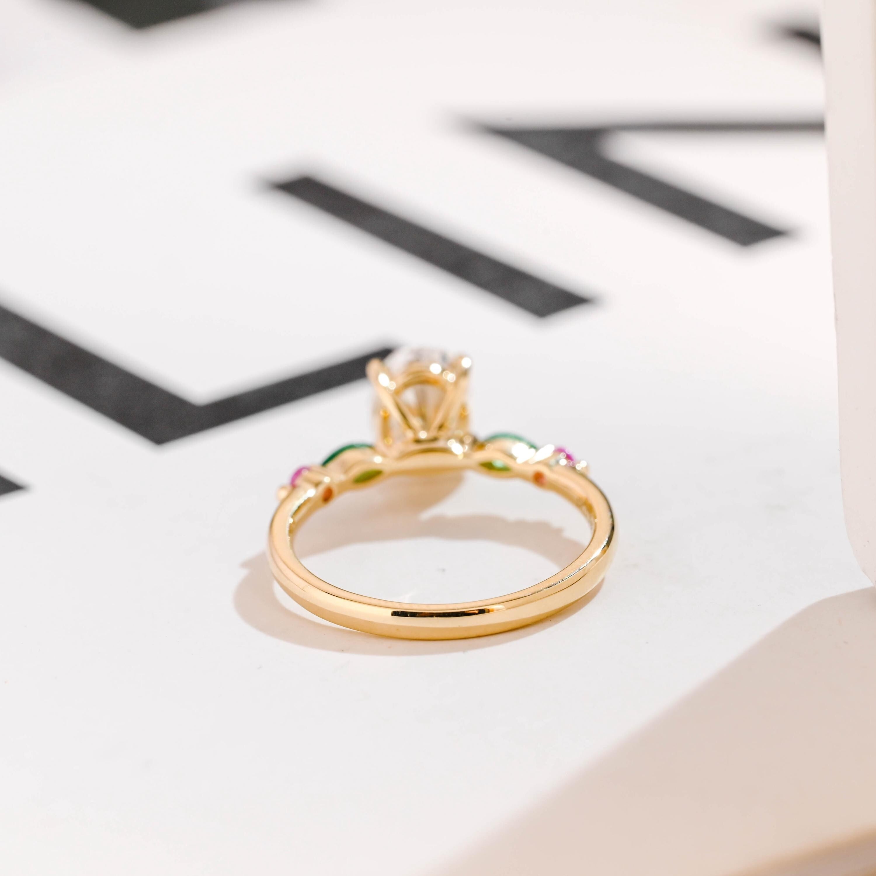 Solid Gold Oval Moissanite Engagement Ring with Ruby & Emerald