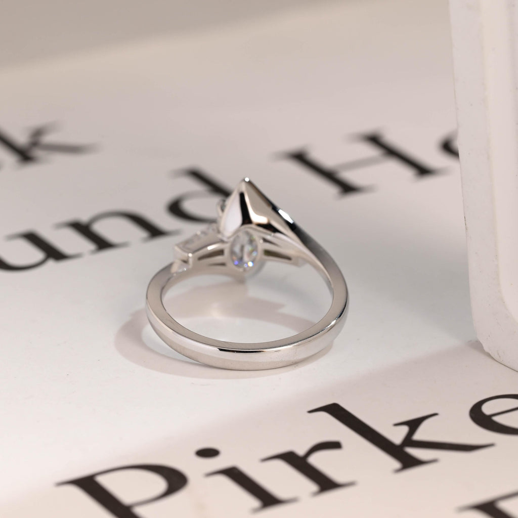 Solid Gold Marquise Moissanite Engagement Ring, Bezel Three Stone Ring