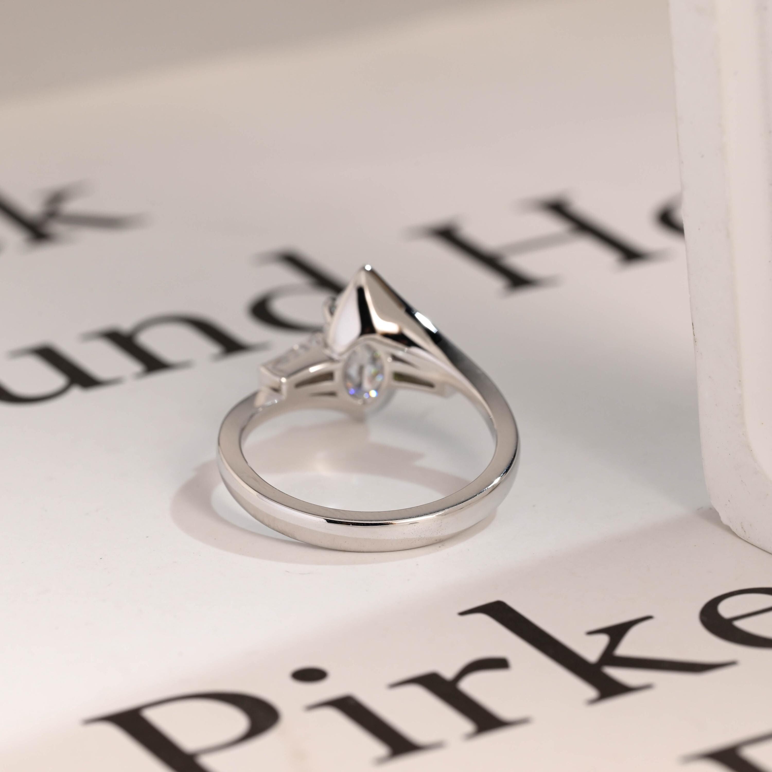 Solid Gold Marquise Moissanite Engagement Ring, Bezel Three Stone Ring