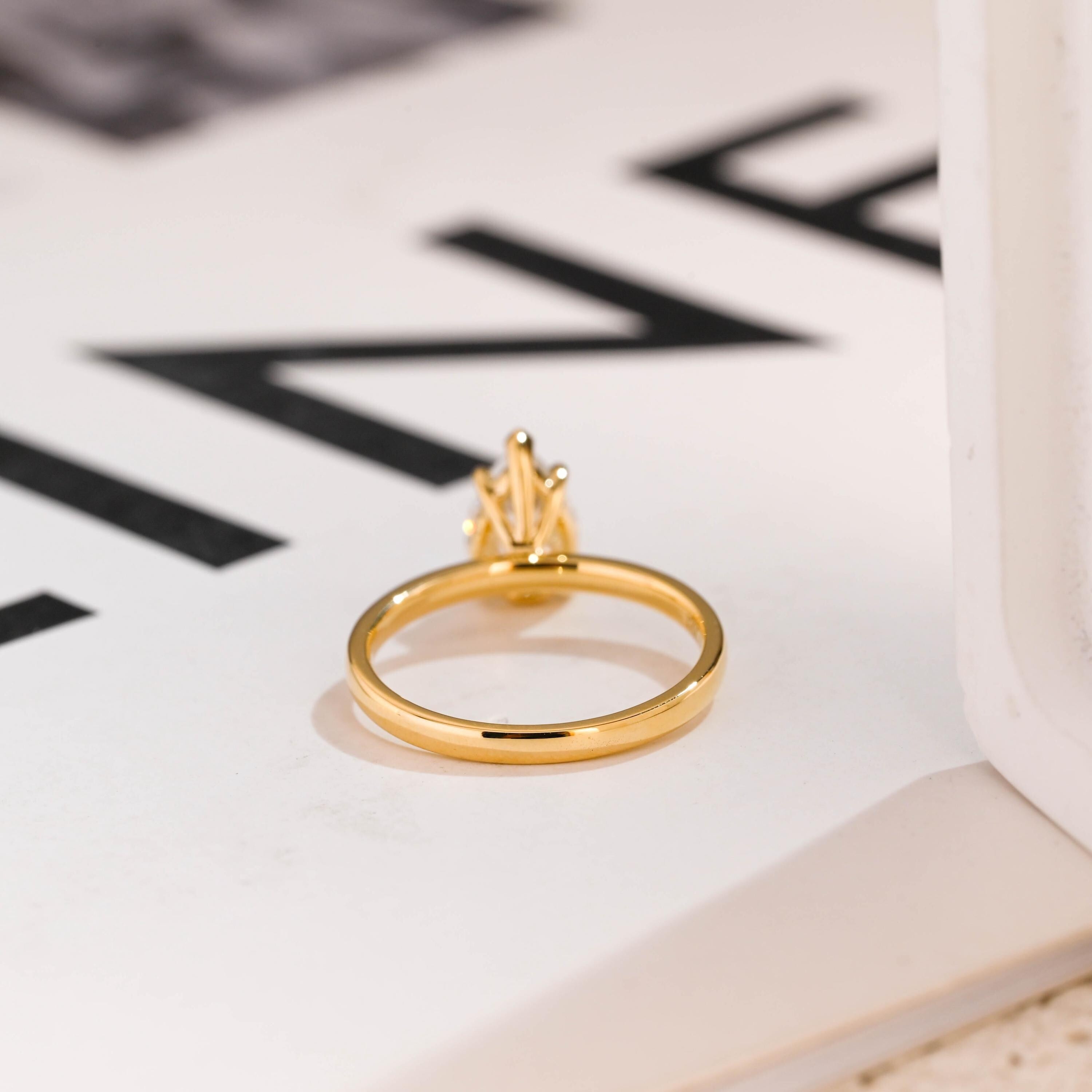 Solid Gold Minimalist Pear Moissanite Engagement Ring, Dainty Promise Ring