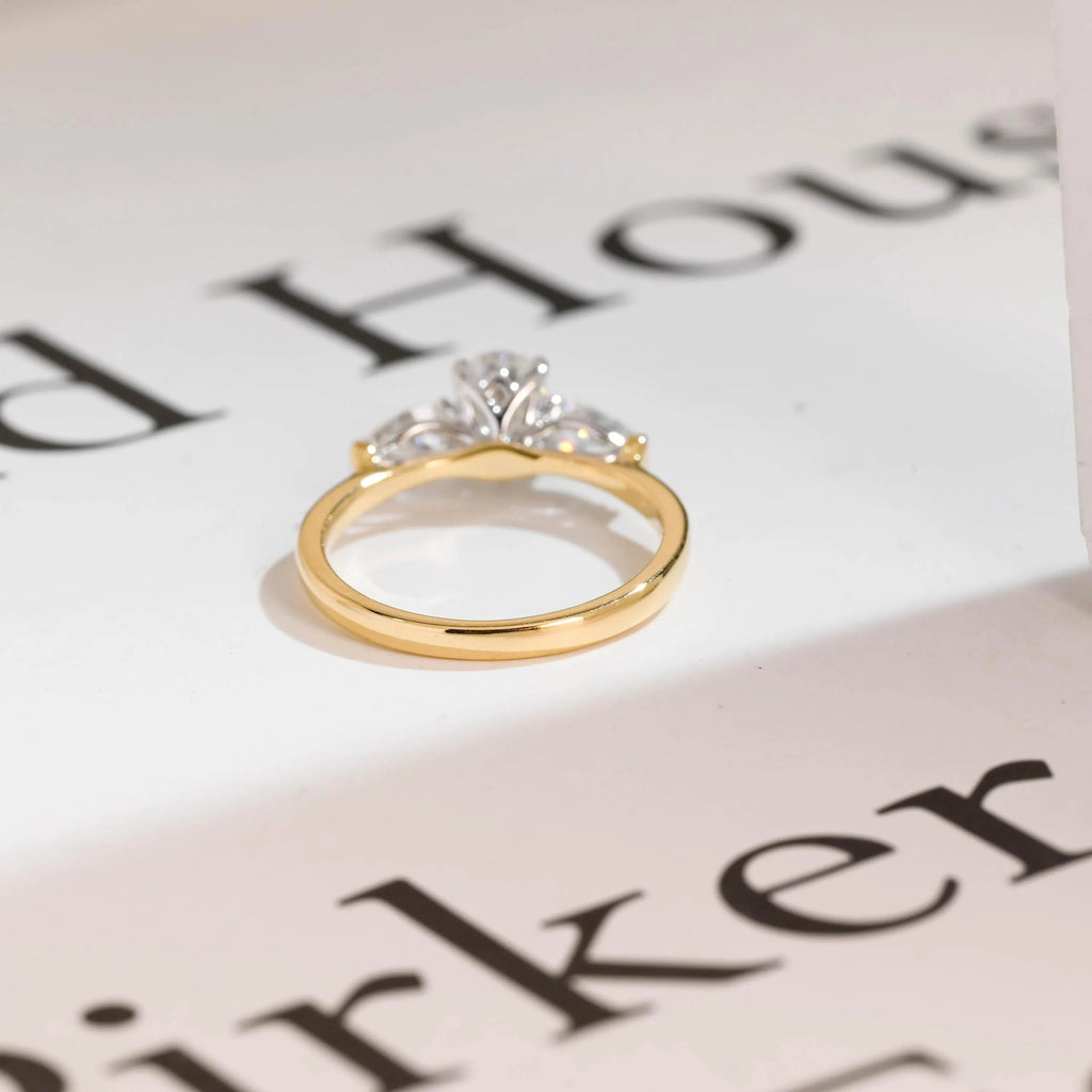 Solid Gold Oval Moissanite Engagement Ring, Three Stone Promise Ring