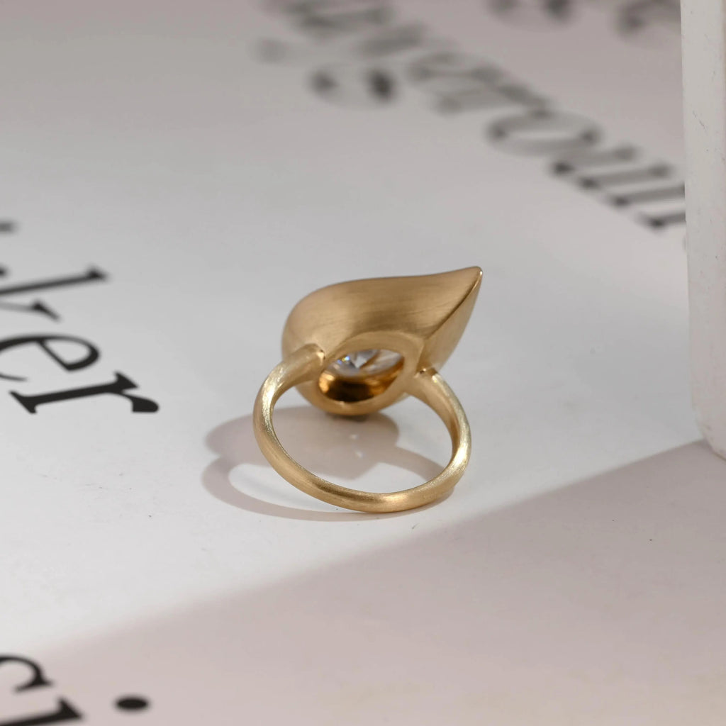 Solid Gold Pear Moissanite Engagement Ring, Bezel Set Brushed Finish