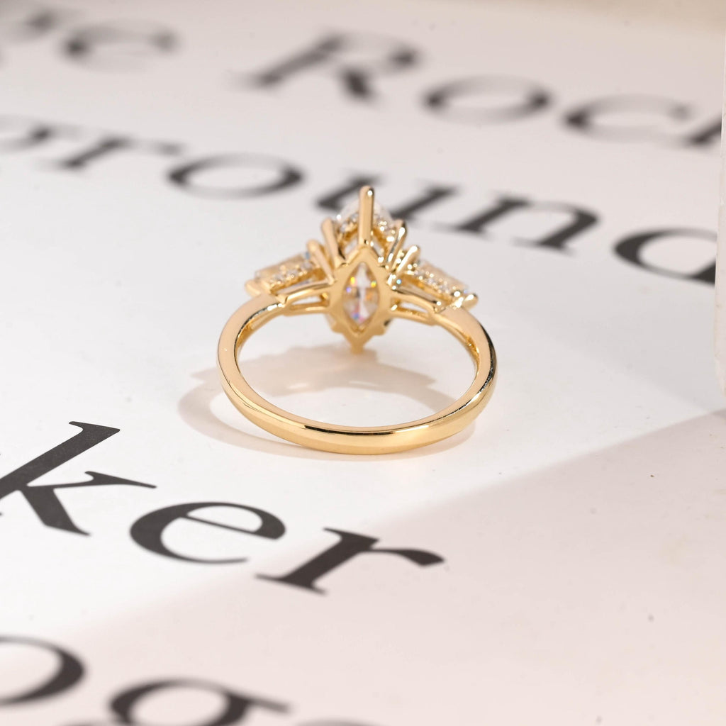 Solid Gold Three Stone Ring, Marquise Moissanite Engagement Ring