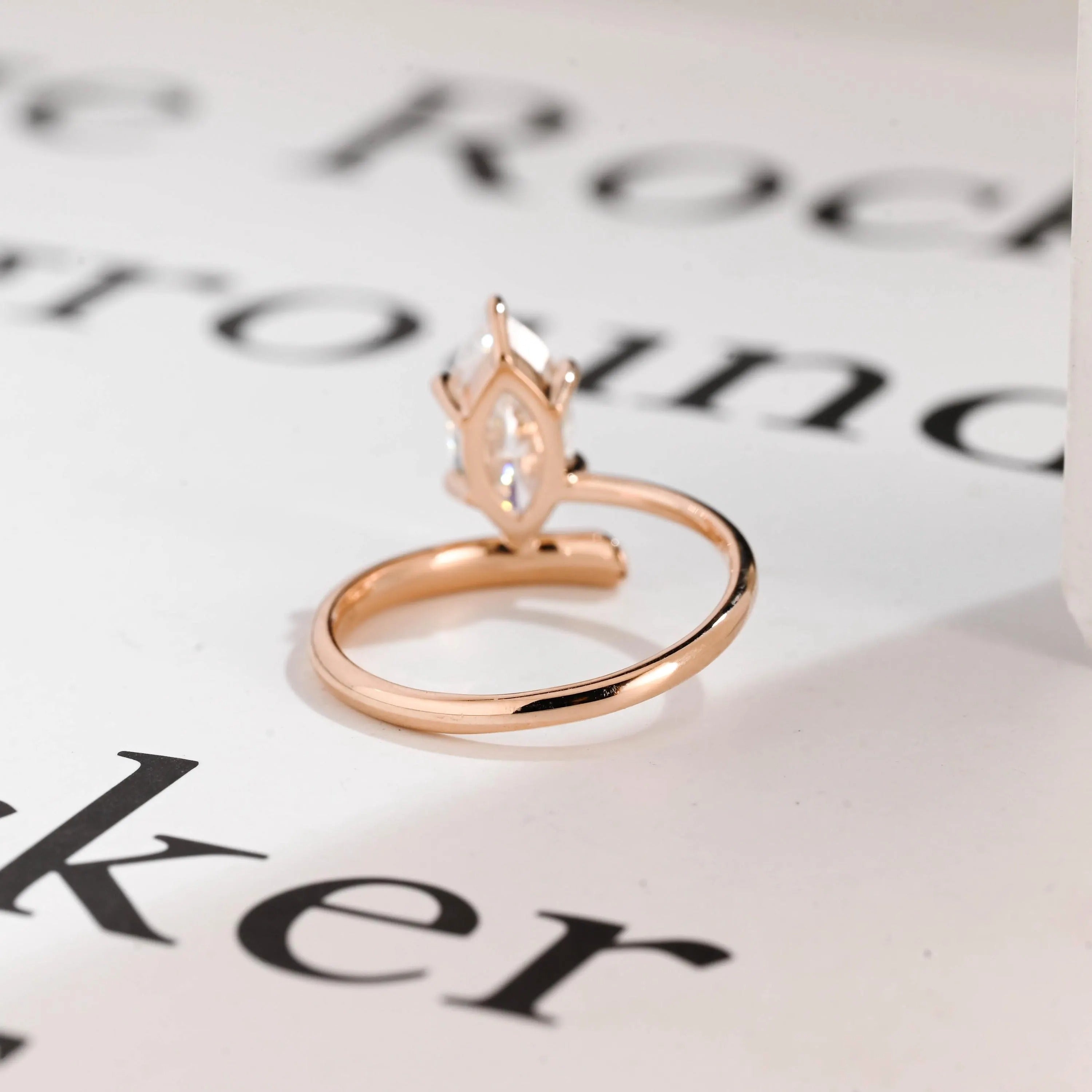 Solid Gold Marquise Cut Moissanite Engagement Ring, Open Shank Ring