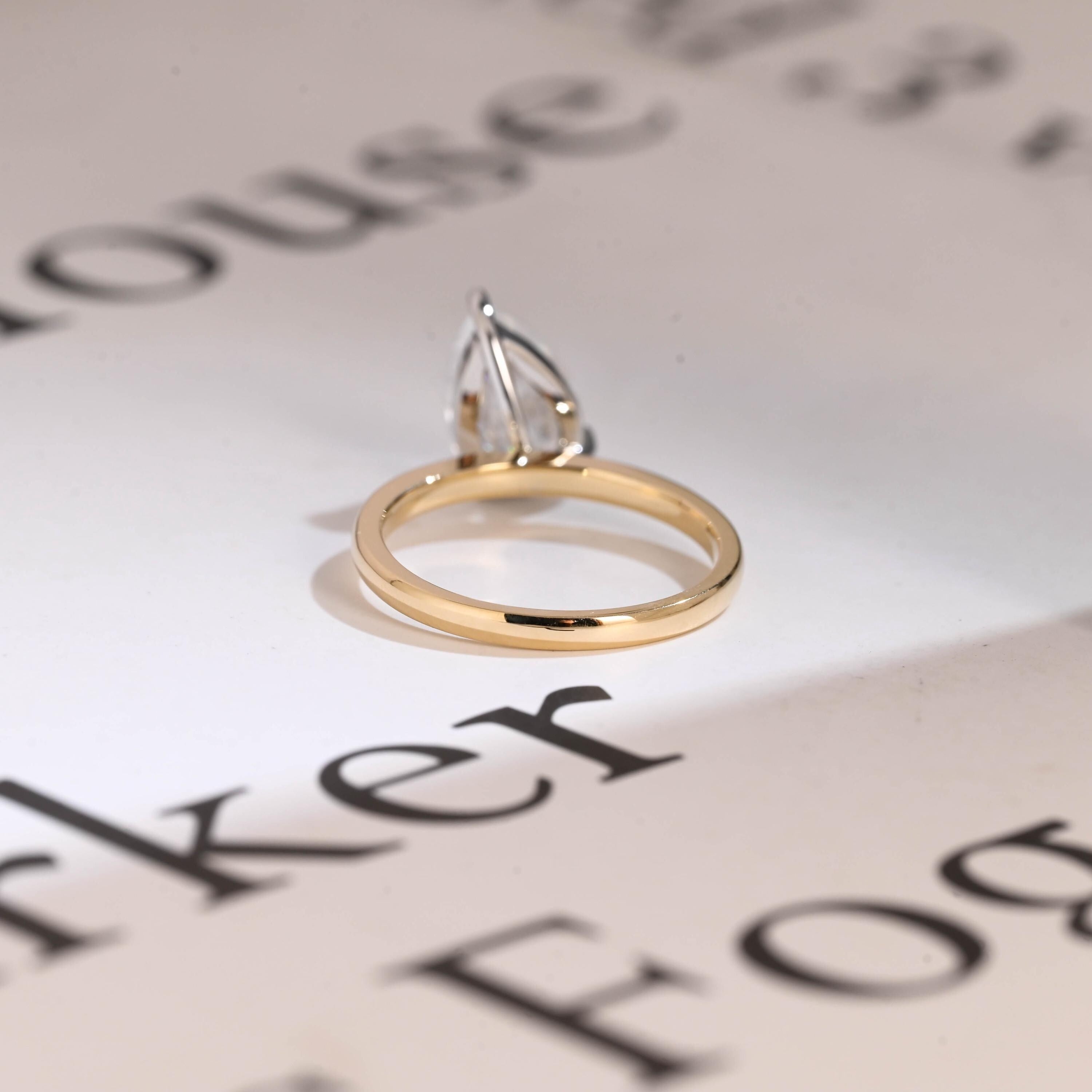 Solid Gold Two Tone Pear Cut Moissanite Engagement Ring, Unique Anniversary Ring