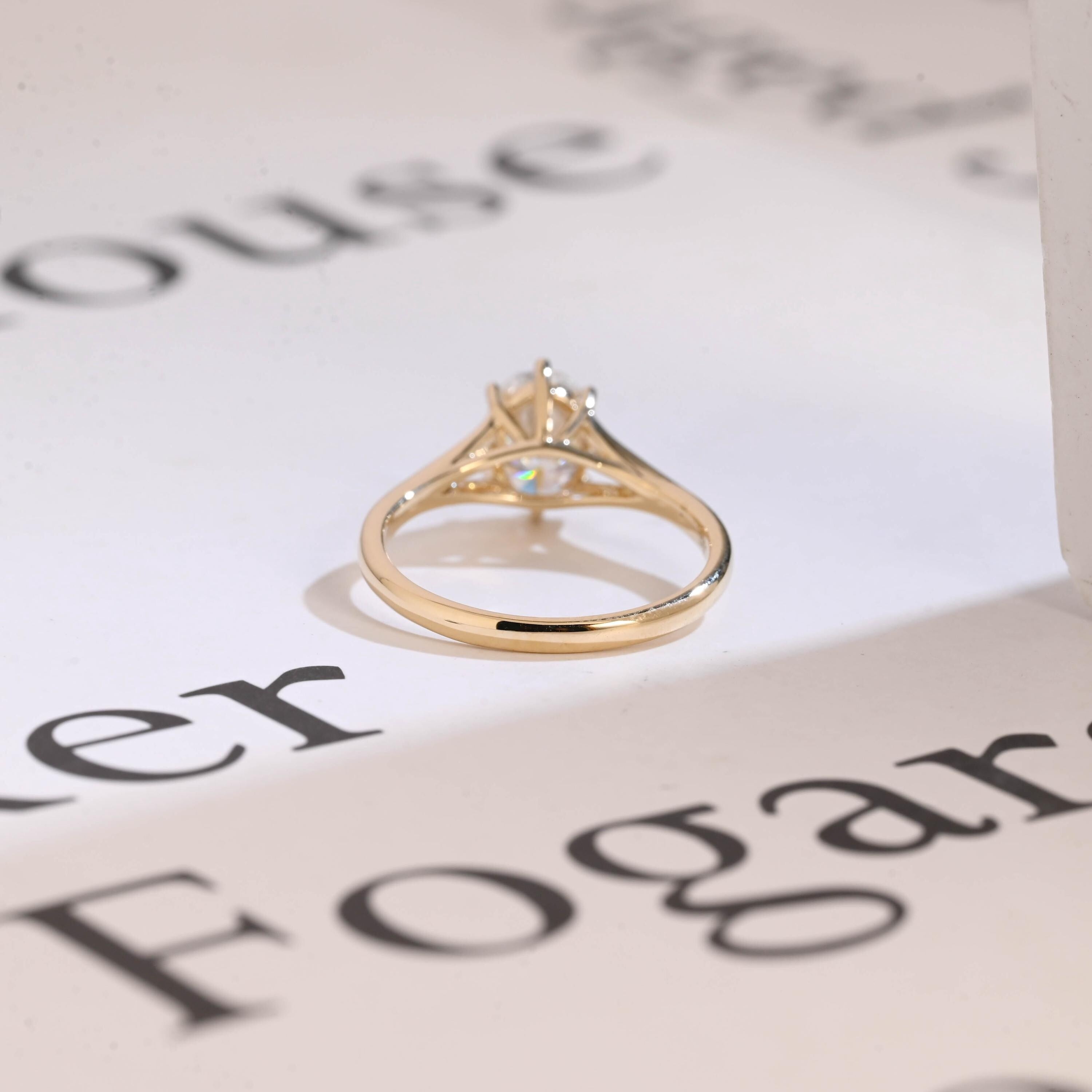Solid Gold Six Prongs Oval Moissanite Engagement Ring with Bar, Promise Ring