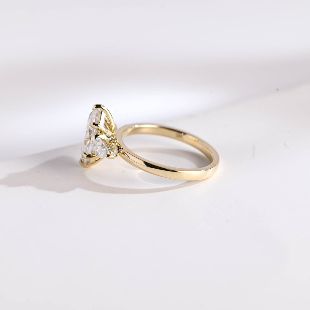 Solid Gold Marquise Cut Moissanite Engagement Ring, Three Stone Ring