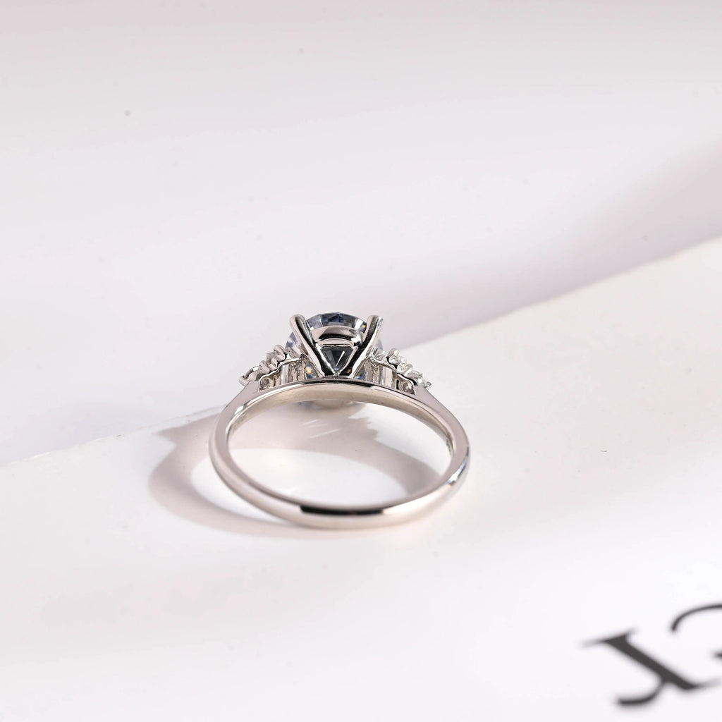 Solid Gold Light Blue Round Cut Moissanite Engagement Ring, Anniversary Gift for Her