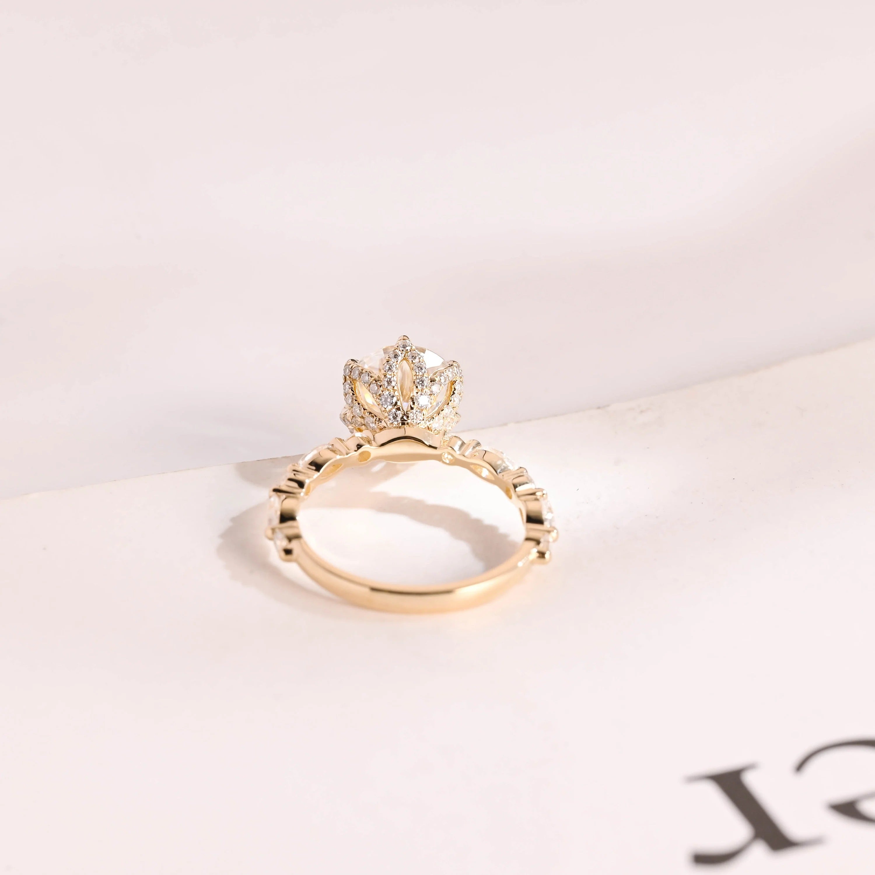 Solid Gold Floral Pave Round Moissanite Engagement Ring, Anniversary Gift for Her