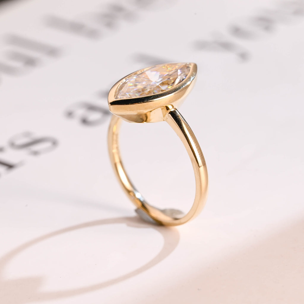 Solid Gold Marquise Moissanite Engagement Ring, Vintage Bezel Ring