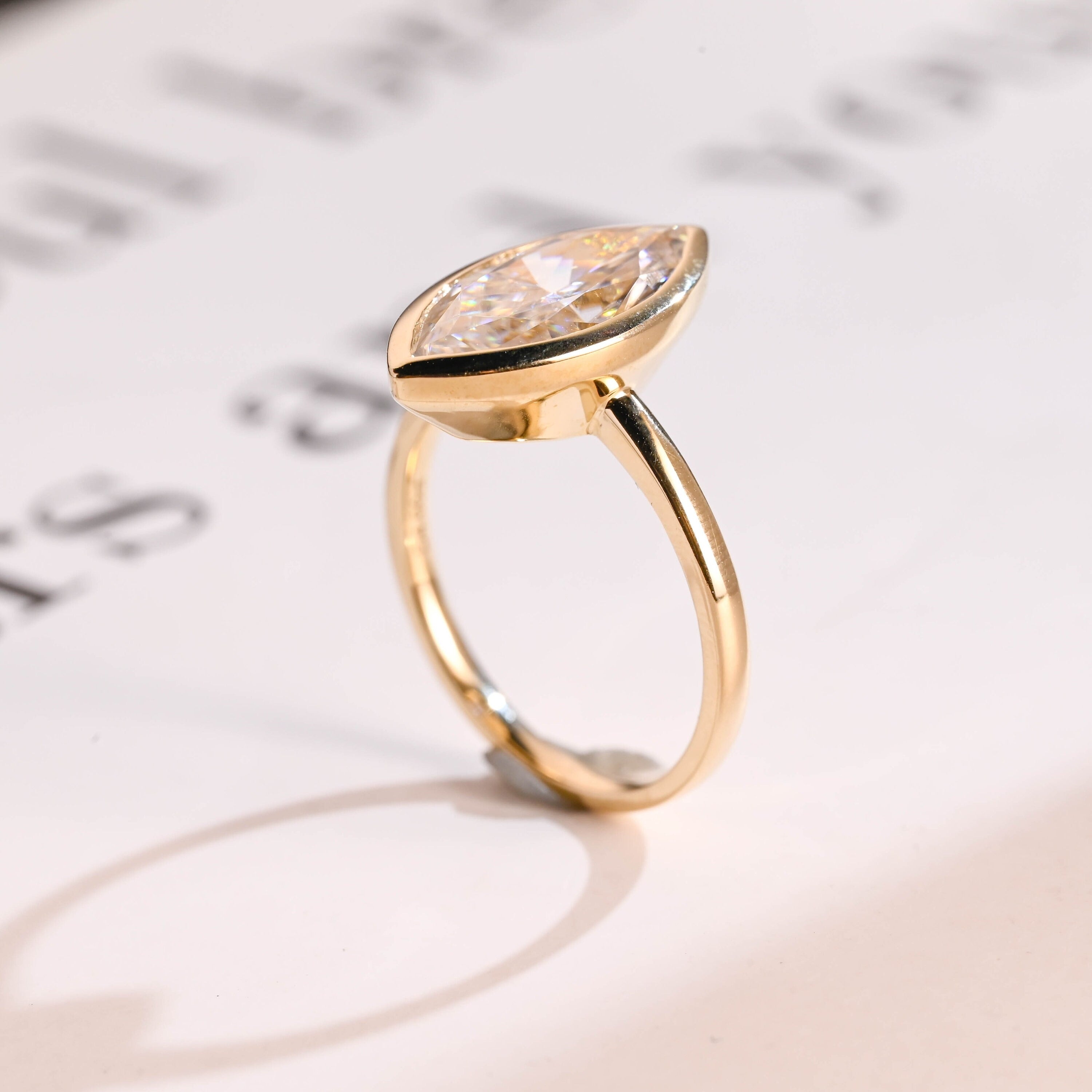 Solid Gold Marquise Moissanite Engagement Ring, Vintage Bezel Ring