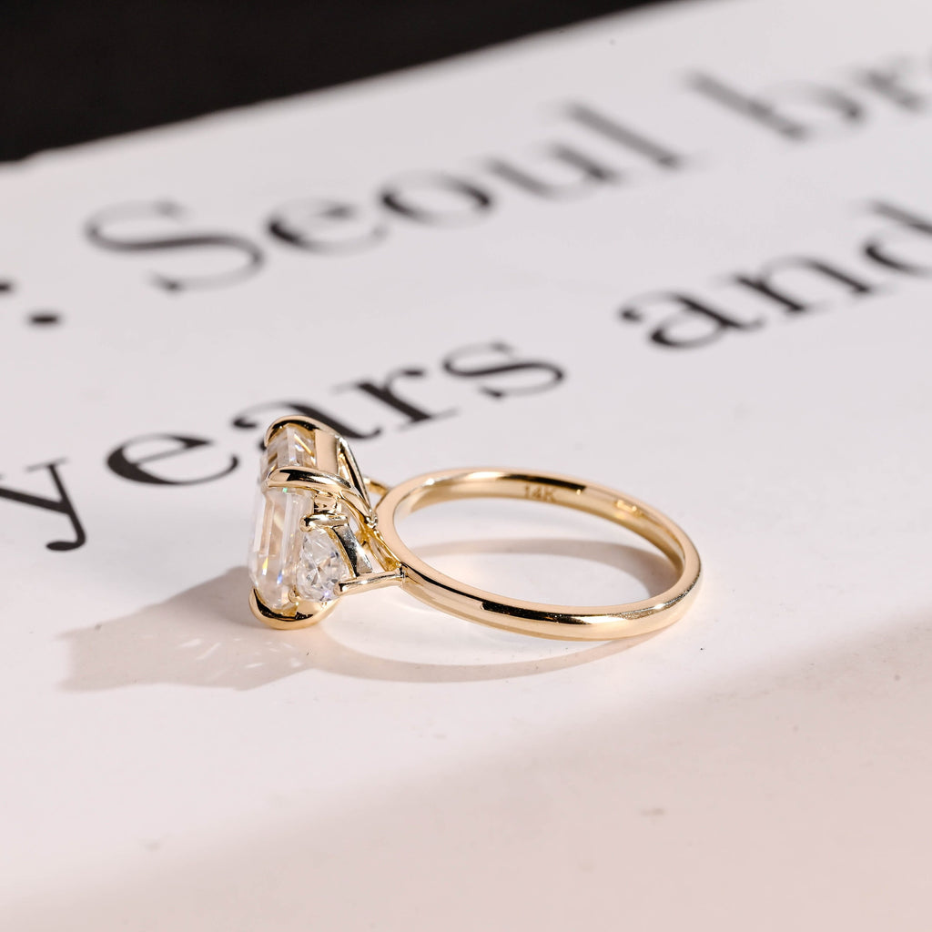 Solid Gold Emerald Cut Moissanite Engagement Ring With Trillion Accent, Three Stone Ring
