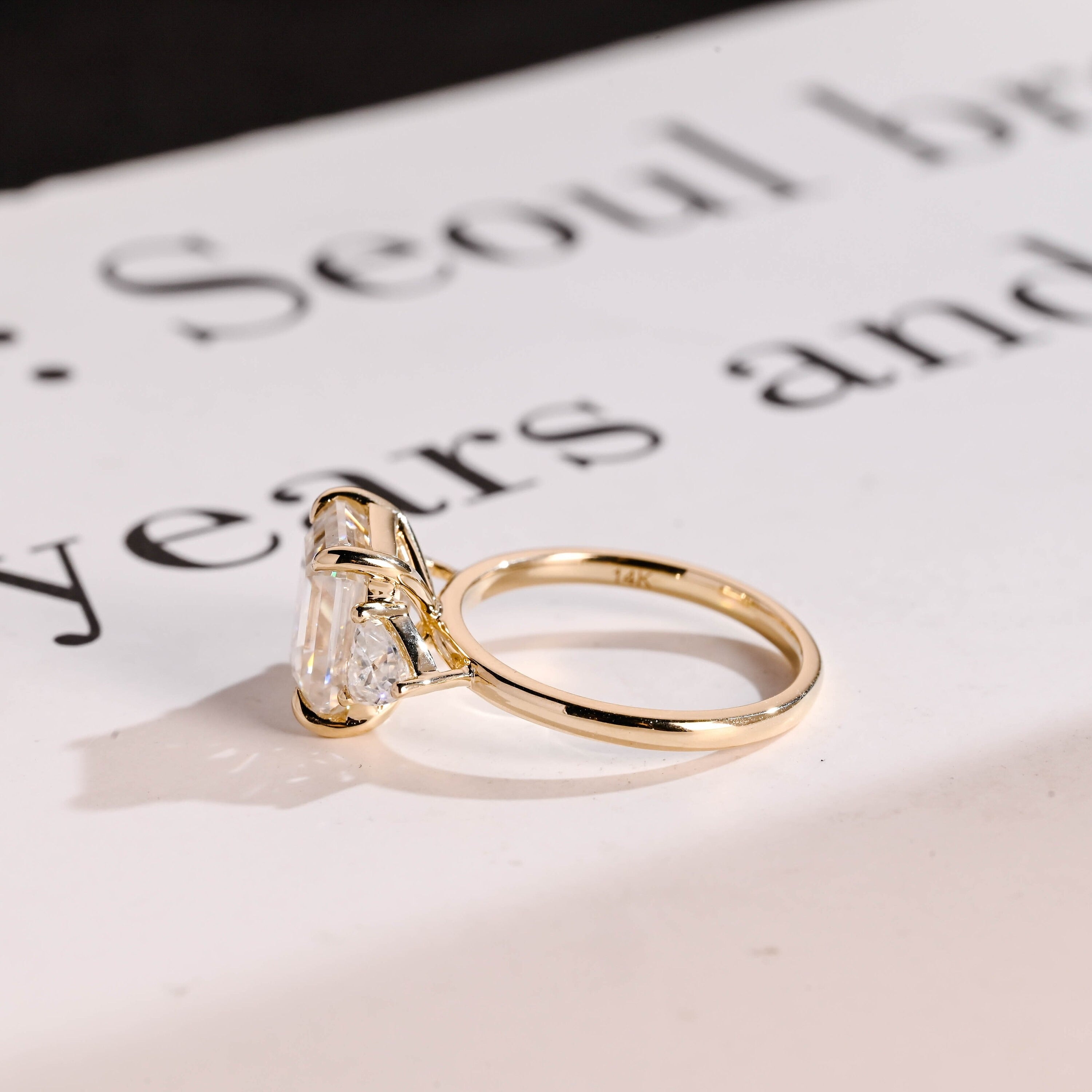 Solid Gold Emerald Cut Moissanite Engagement Ring With Trillion Accent, Three Stone Ring