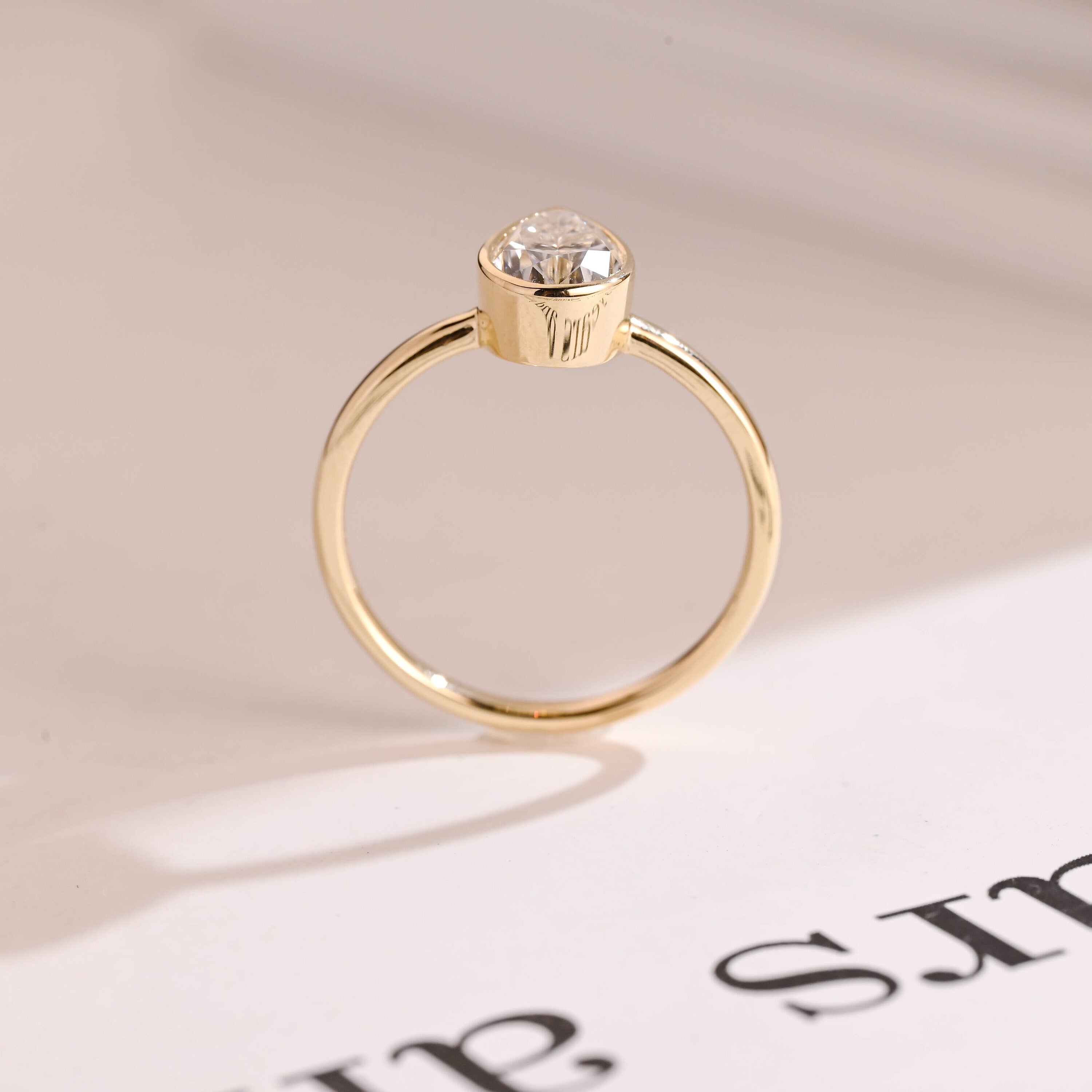 Solid Gold Pear Moissanite Engagement Ring with Bezel, Dainty Ring