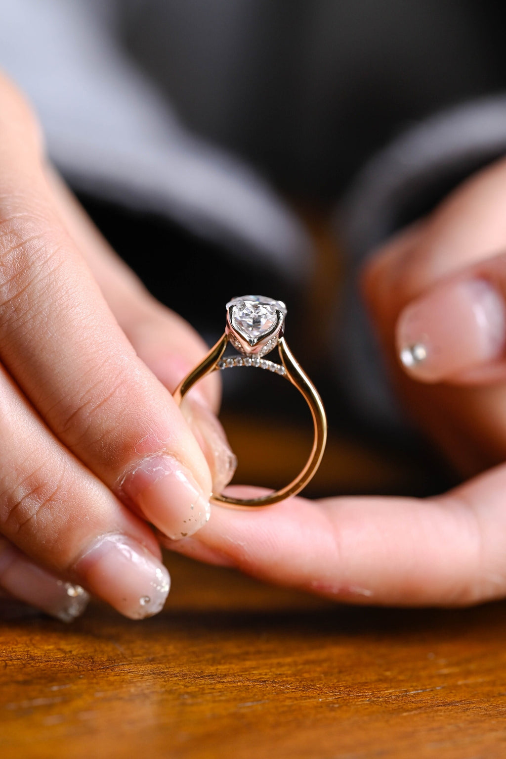Solid Gold Oval Cut Moissanite Engagement Ring, Two Tone Ring