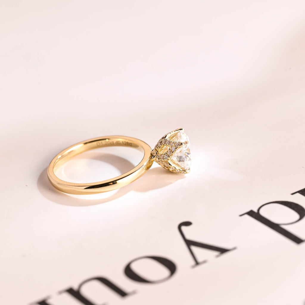 Solid Gold Tulip Floral Hidden Halo Round Moissanite Engagement Ring, Anniversary Gift for Her