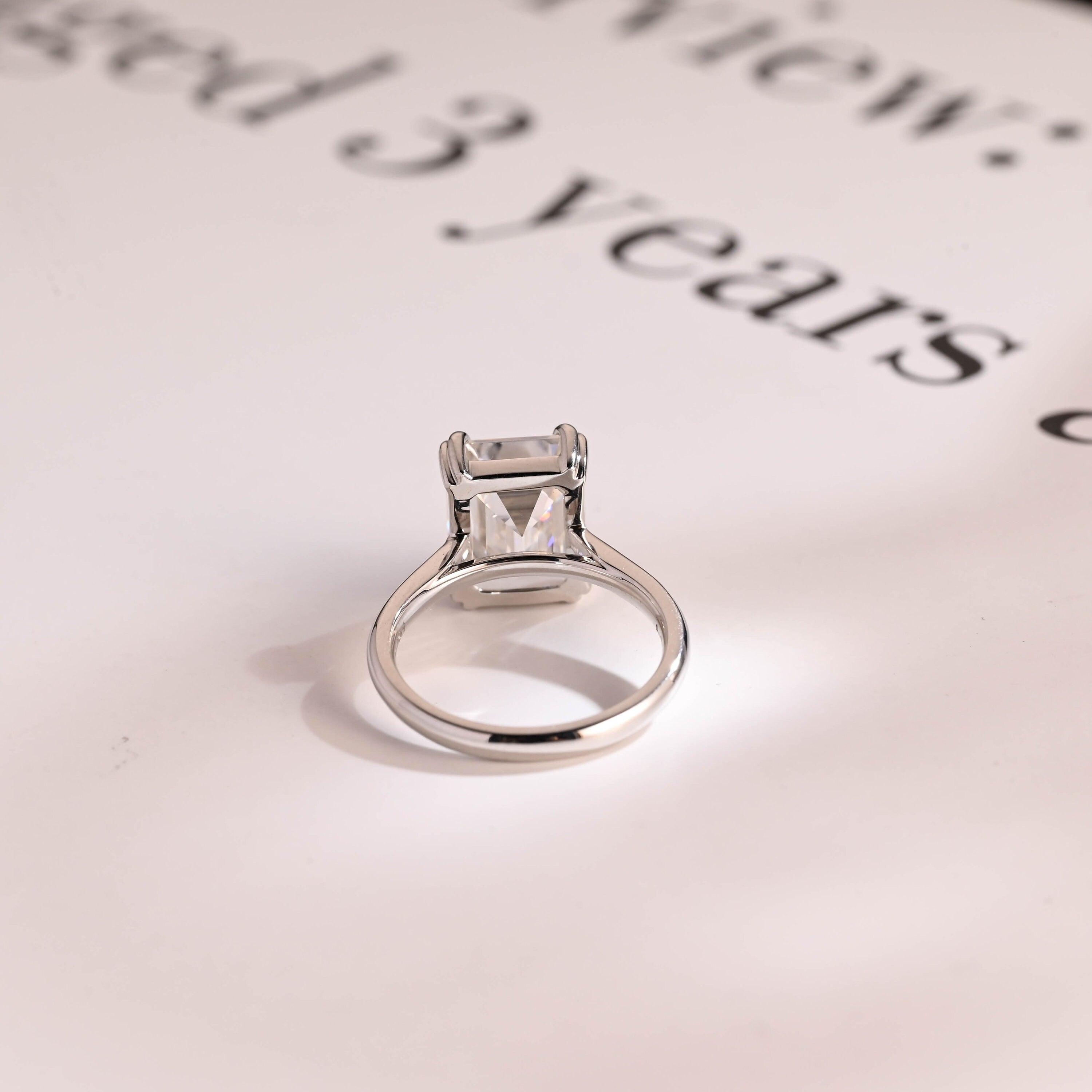 Solid Gold Double Claws Emerald Cut Moissanite Engagement Ring, Anniversary Gift