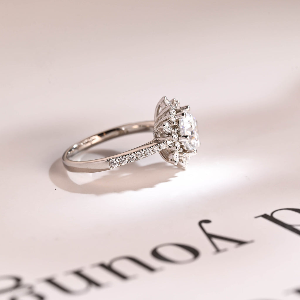 Solid Gold Sunflower Round Moissanite Engagement Ring, Half Eternity Promise Ring