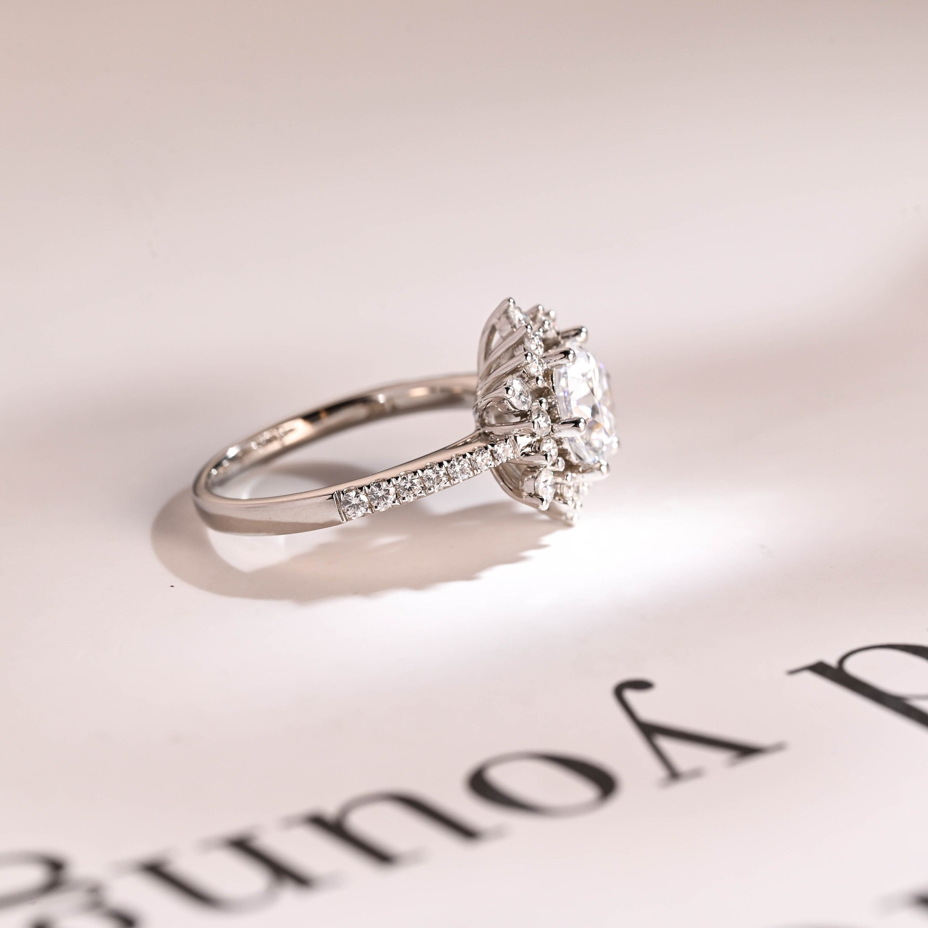 Solid Gold Sunflower Round Moissanite Engagement Ring, Half Eternity Promise Ring