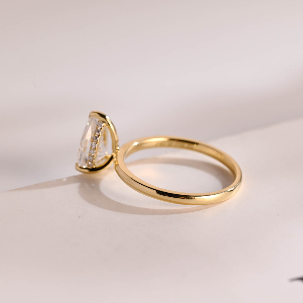 Solid Gold Pear Moissanite Engagement Ring, Hidden Halo Promise Ring