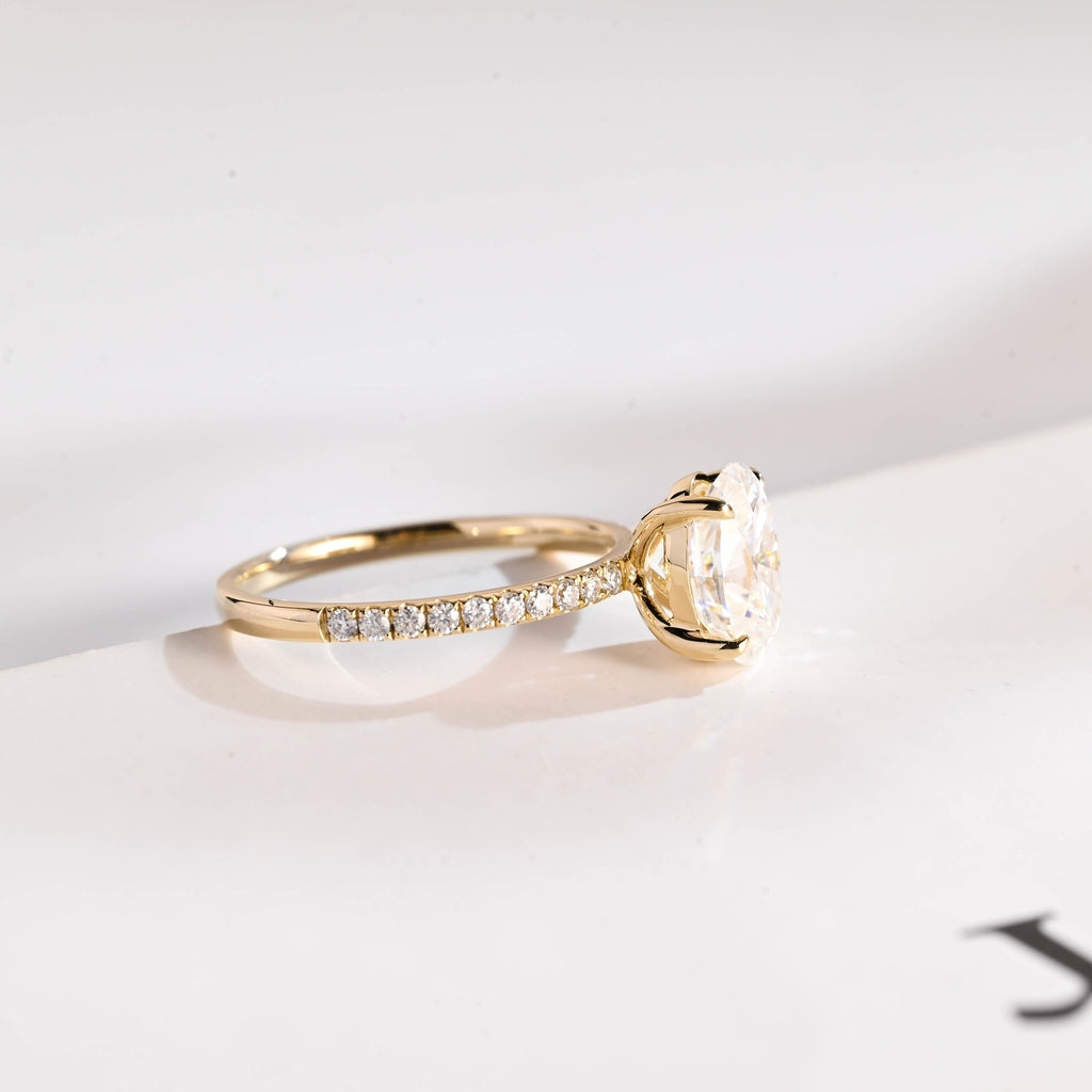 Solid Gold Oval Moissanite Engagement Ring, Half Pave Promise Ring