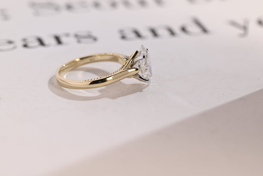 Solid Gold Two Tone Marquise Moissanite Engagement Ring, Unique Proposal Ring