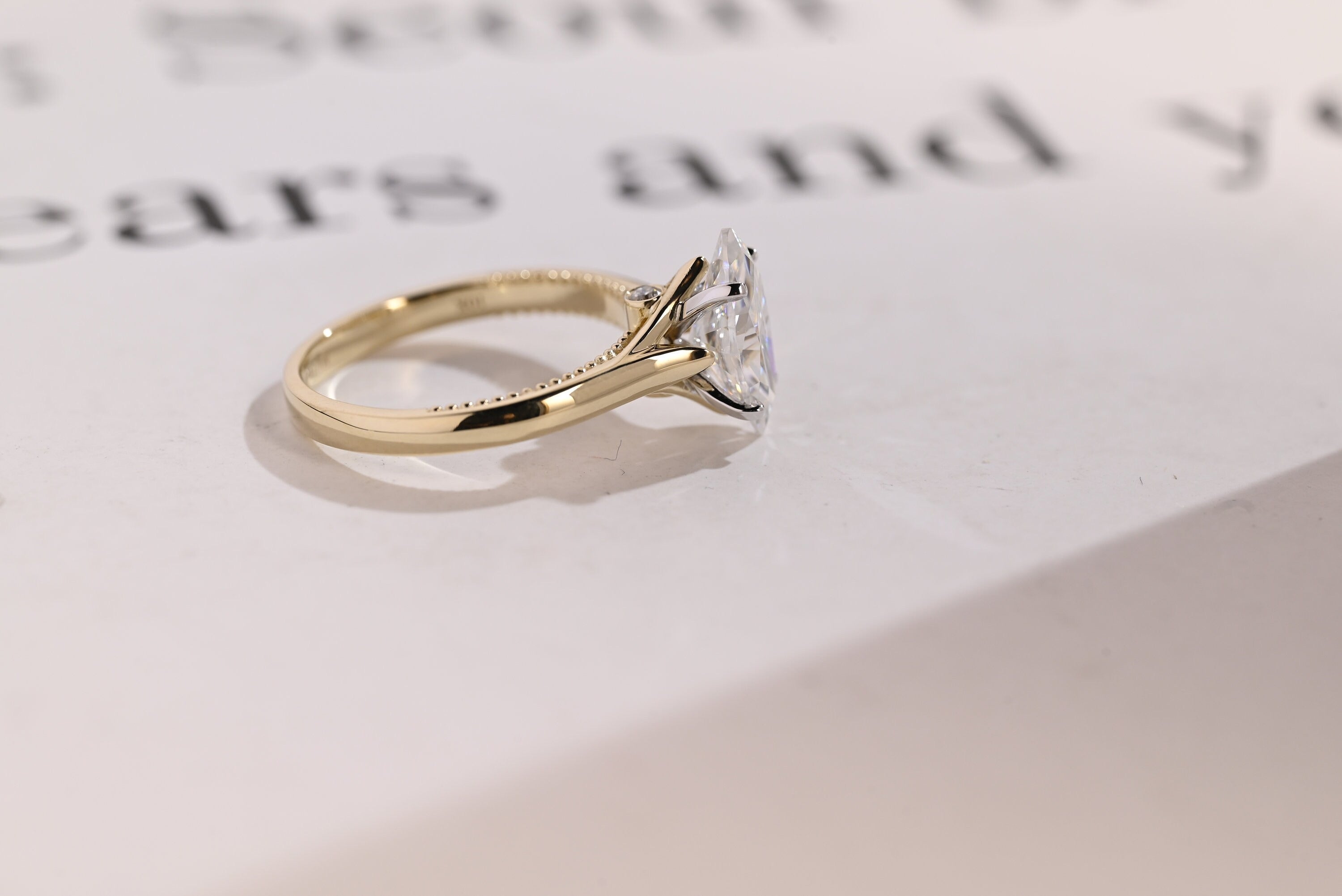 Solid Gold Two Tone Marquise Moissanite Engagement Ring, Unique Proposal Ring