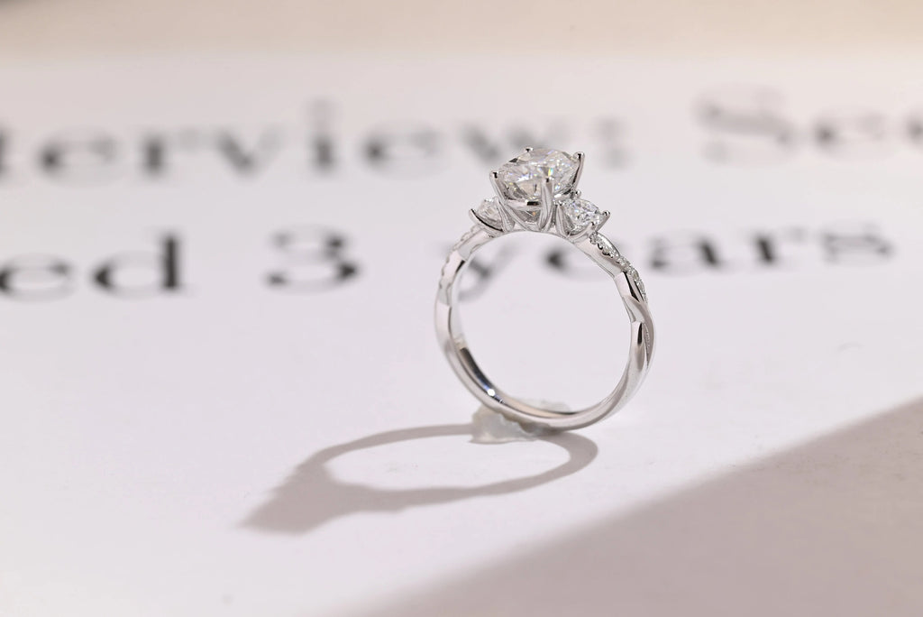 Solid Gold Oval Moissanite Engagement Ring, Twisted Band Half Eternity Bridal Ring