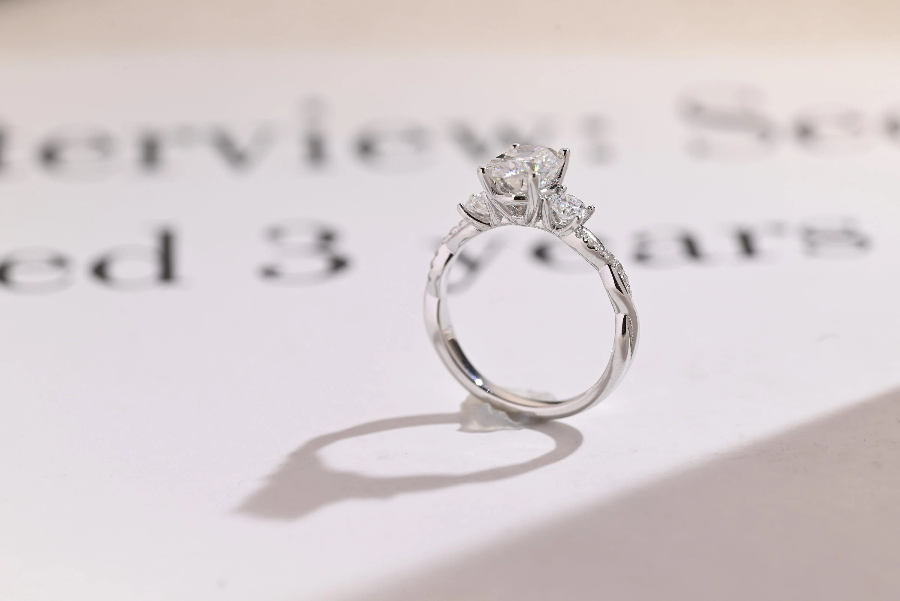 Solid Gold Oval Moissanite Engagement Ring, Twisted Band Half Eternity Bridal Ring