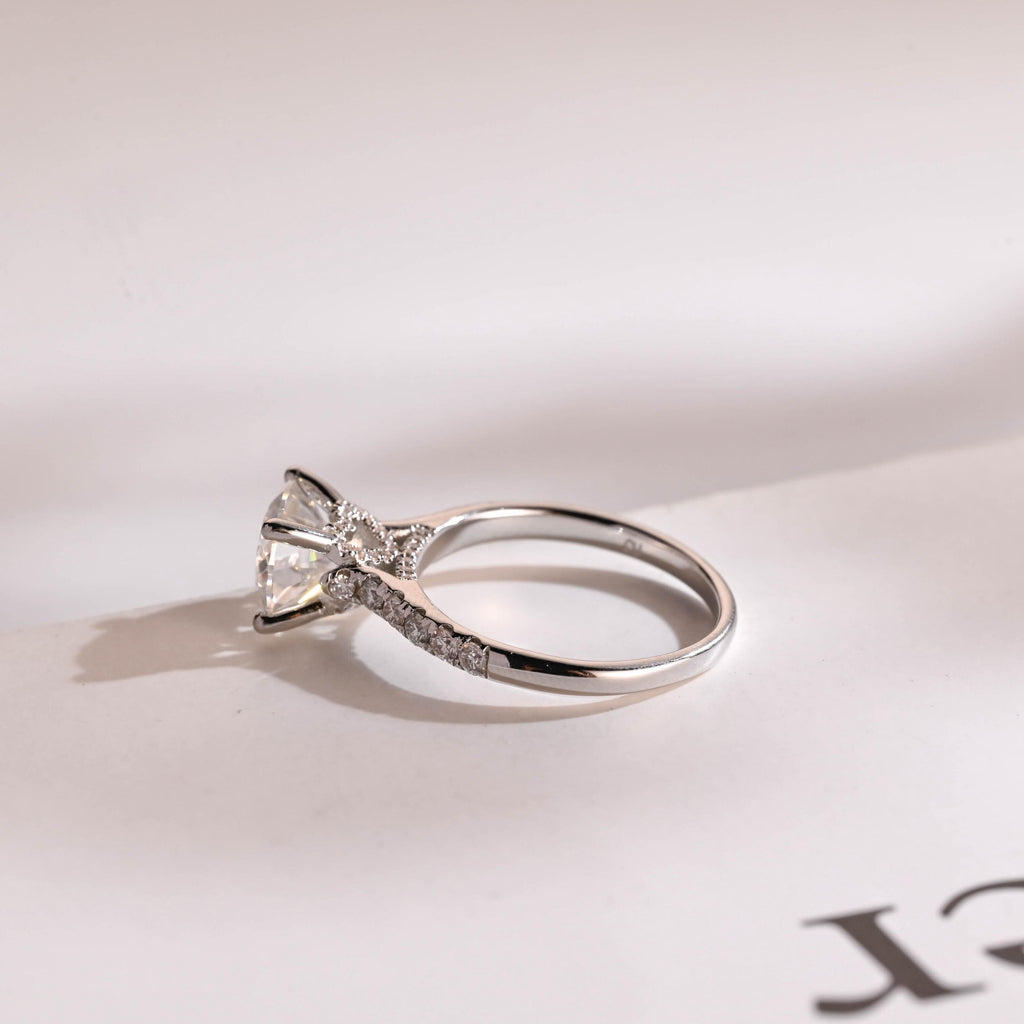 Solid Gold Hidden Halo Round Moissanite Engagement Ring, Half Eternity Promise Ring