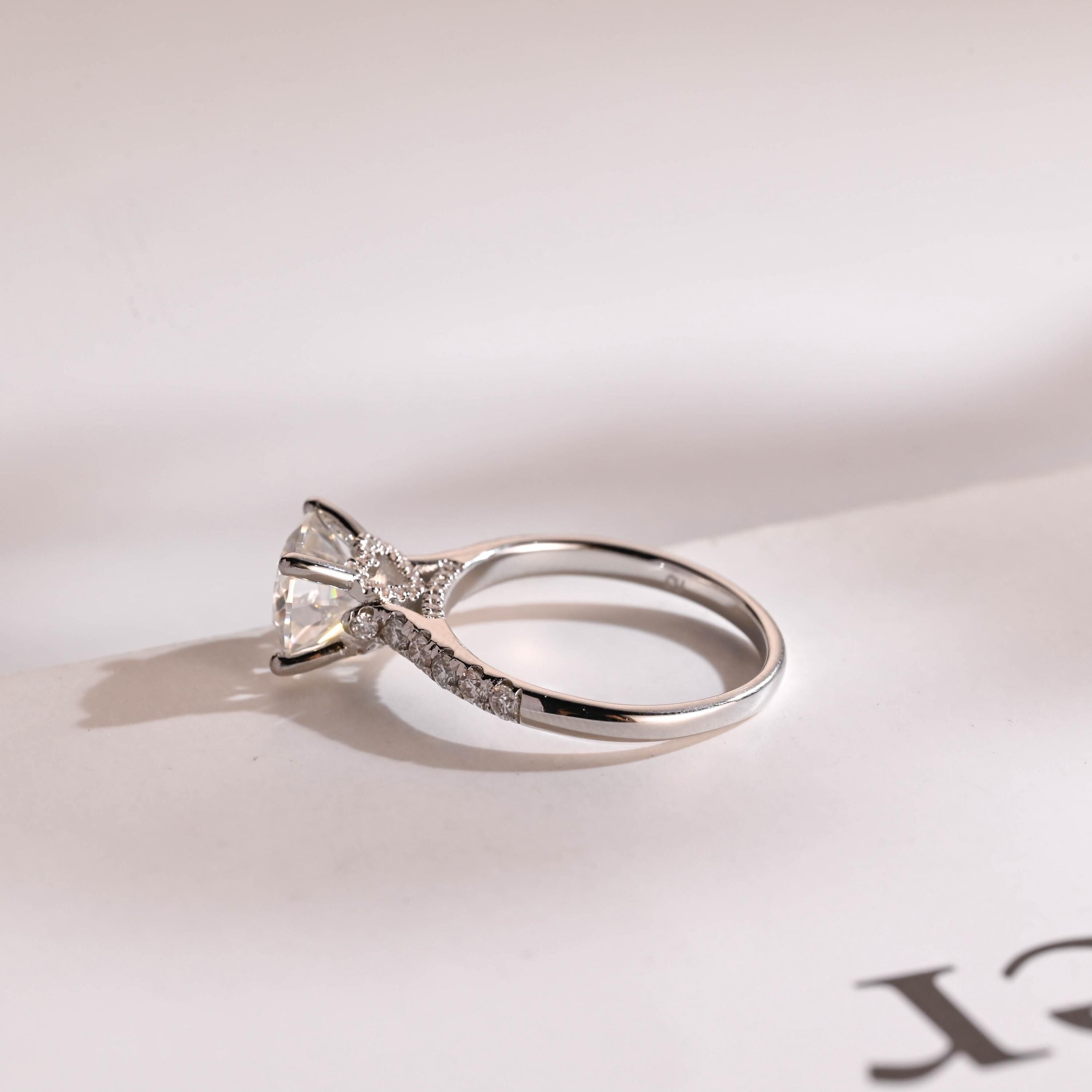 Solid Gold Hidden Halo Round Moissanite Engagement Ring, Half Eternity Promise Ring