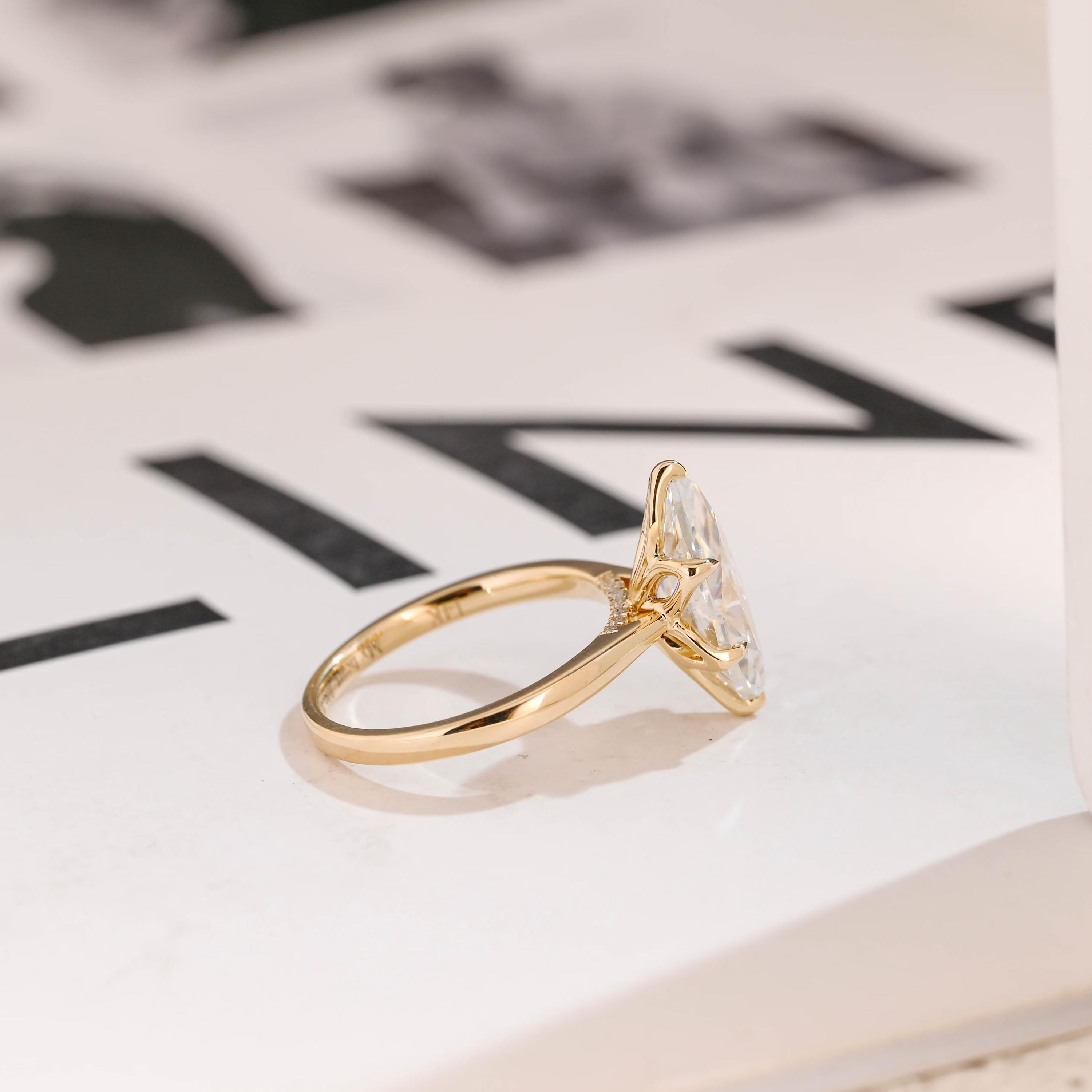 Solid Gold Tulip Floral Ring, Marquise Moissanite Engagement Ring, Cathedral Ring
