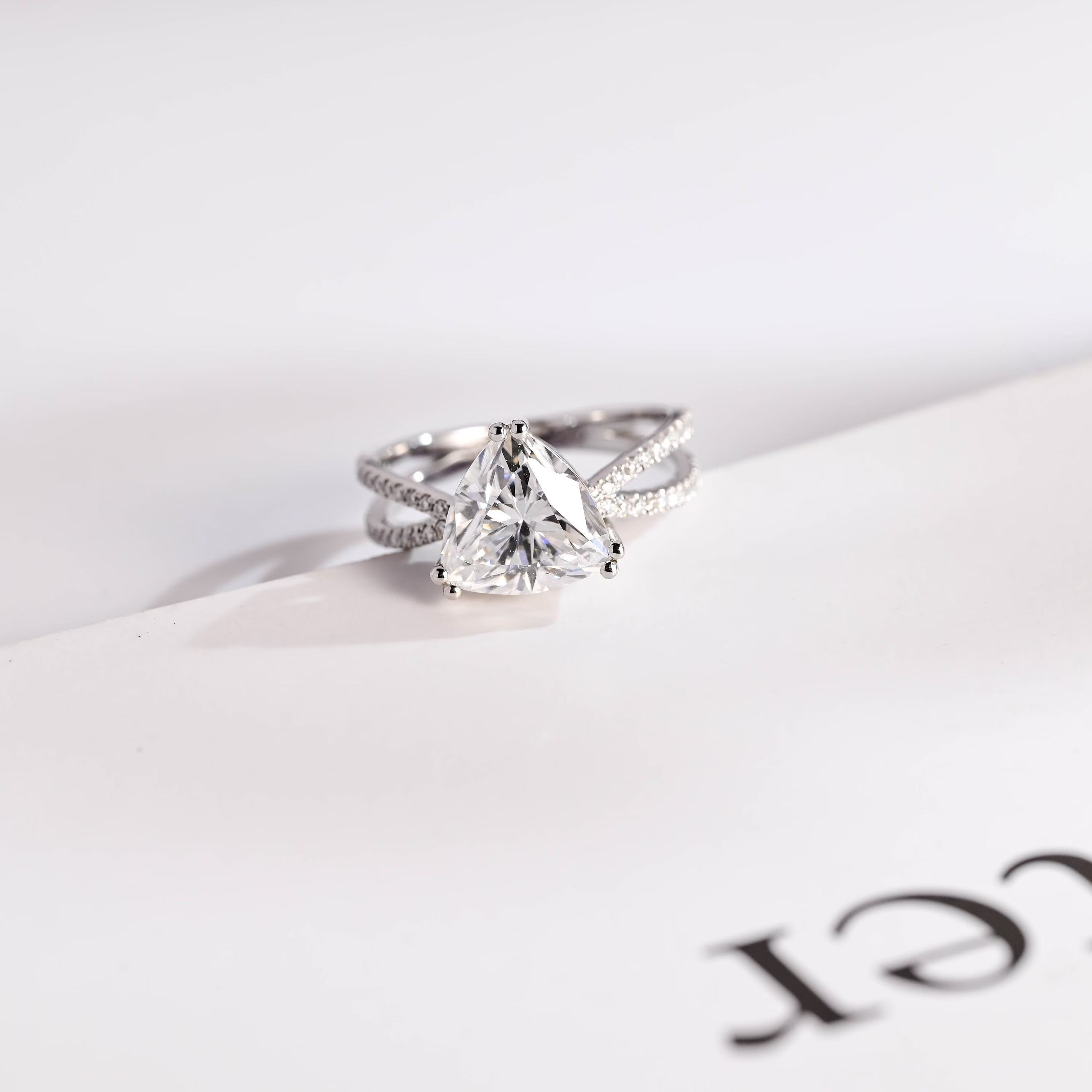 Solid Gold Trillion Cut Moissanite Engagement Ring, Double Band Open Shank Half Pave Ring Main image