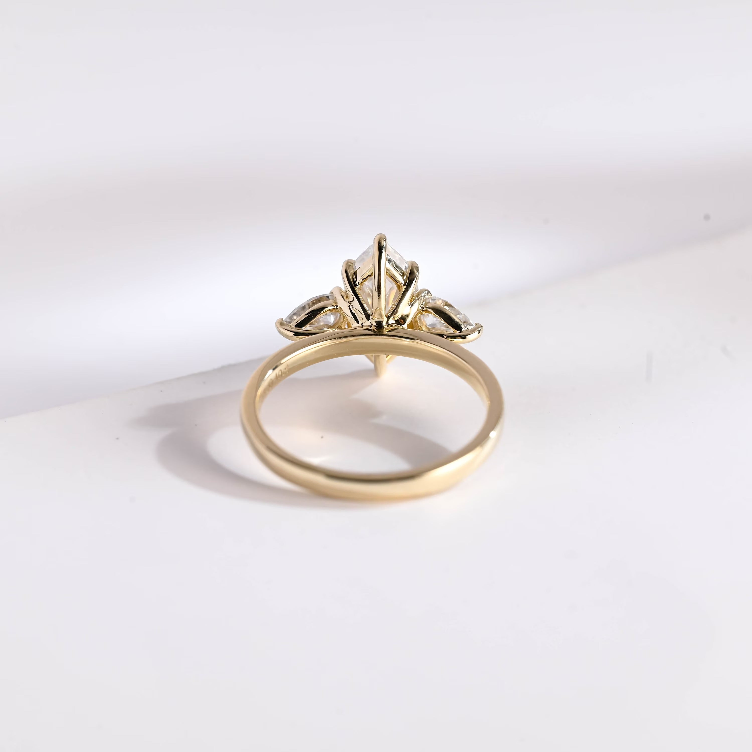 Solid Gold Marquise Cut Moissanite Engagement Ring, Three Stone Ring