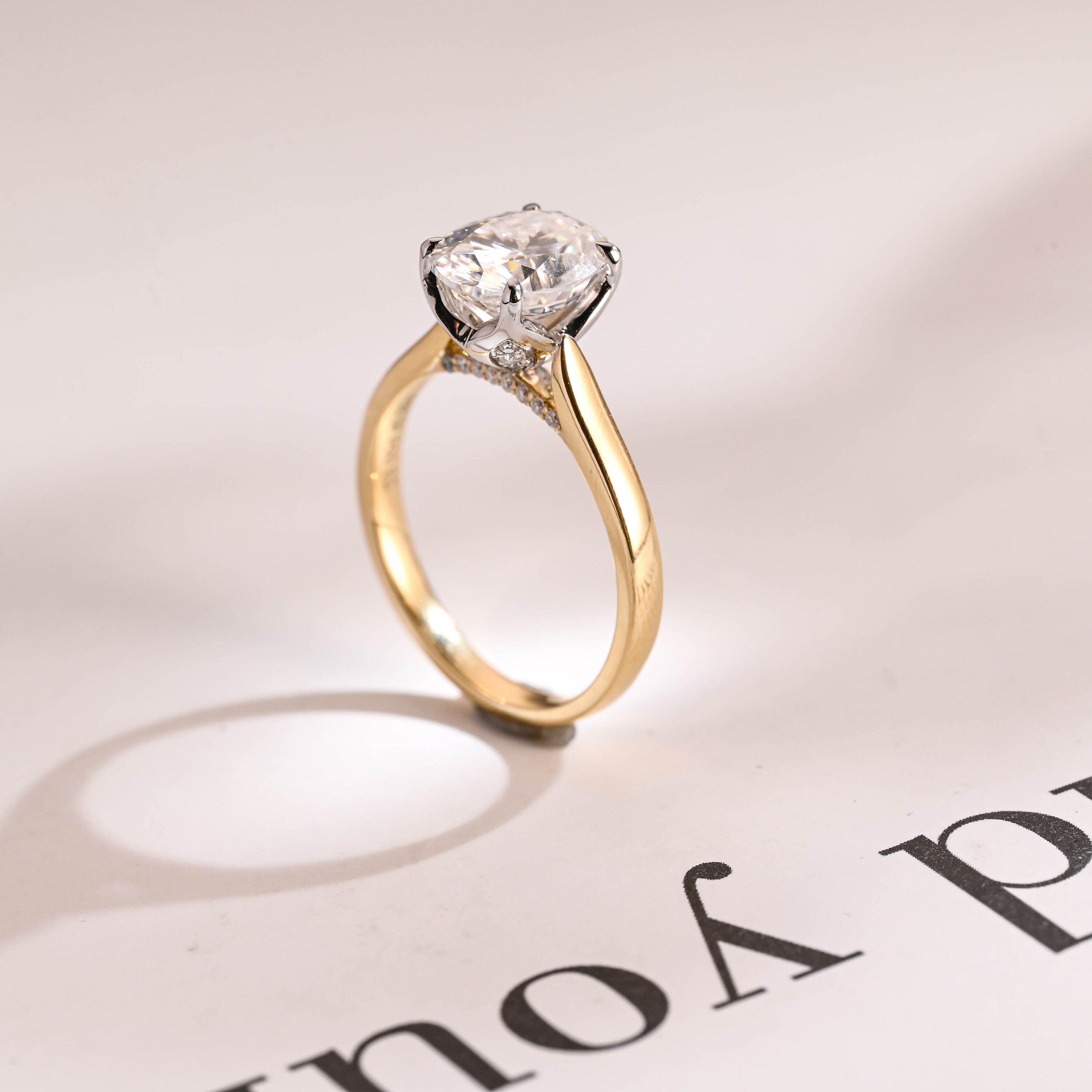 Solid Gold Oval Cut Moissanite Engagement Ring, Two Tone Ring