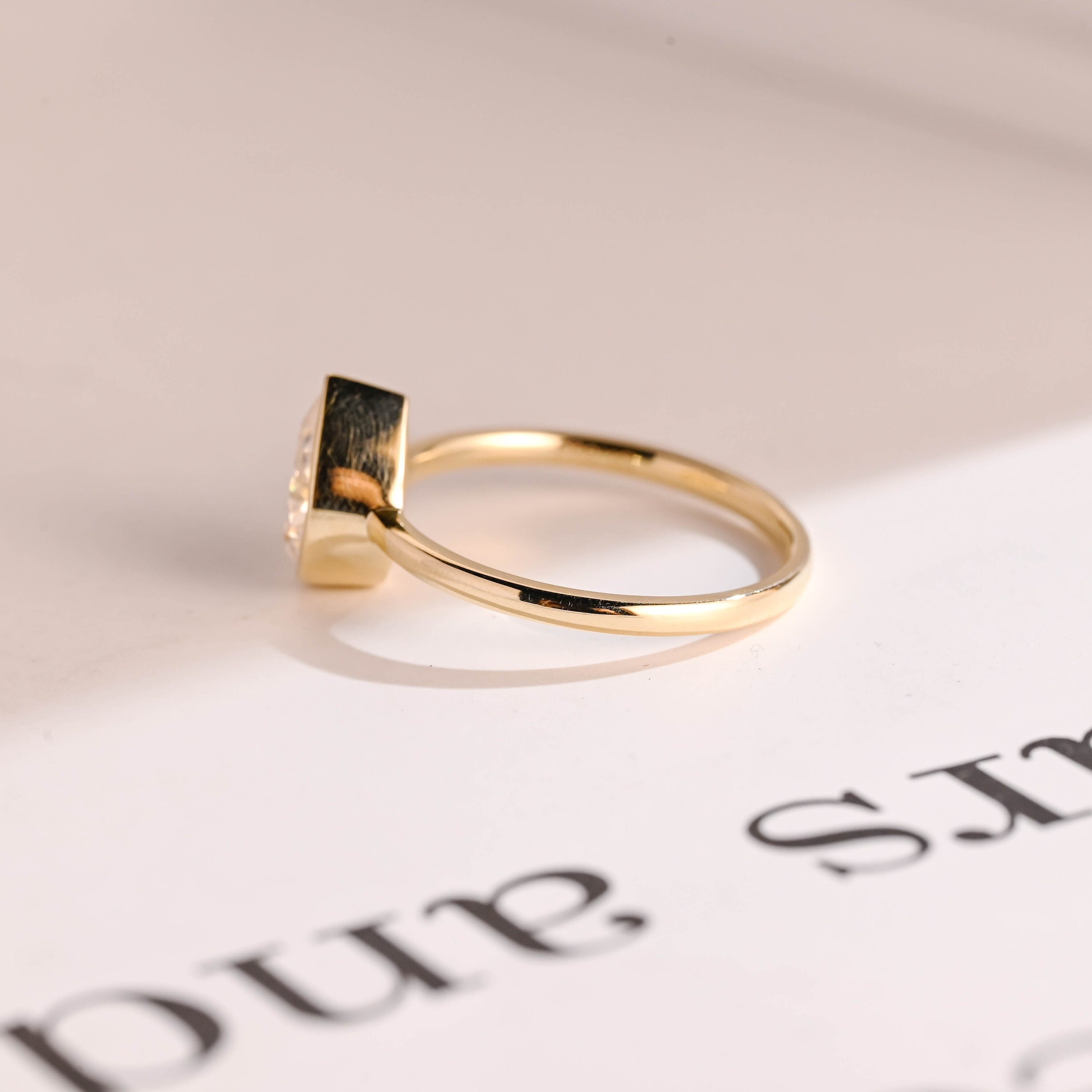 Solid Gold Pear Moissanite Engagement Ring with Bezel, Dainty Ring