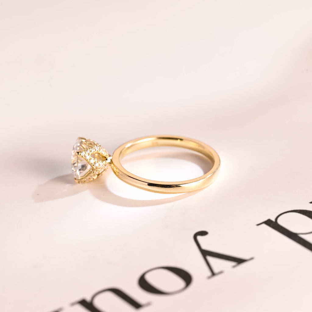 Solid Gold Tulip Floral Hidden Halo Round Moissanite Engagement Ring, Anniversary Gift for Her