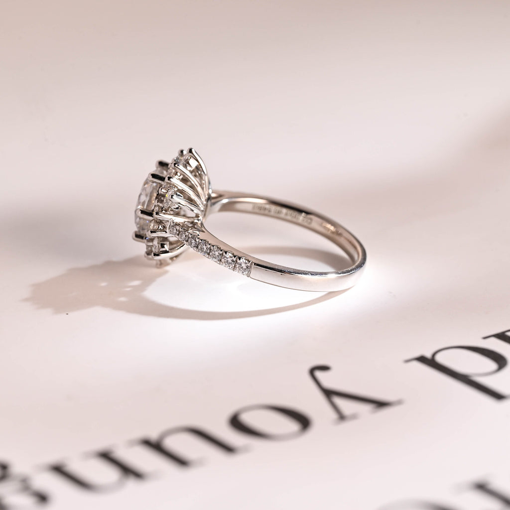 Solid Gold Sunflower Round Moissanite Engagement Ring, Half Eternity Promise Ring