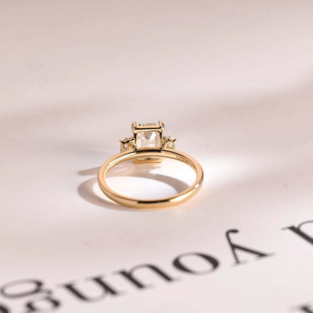 Solid Gold Emerald Cut Moissanite Engagement Ring, Dainty Cluster Promise Ring