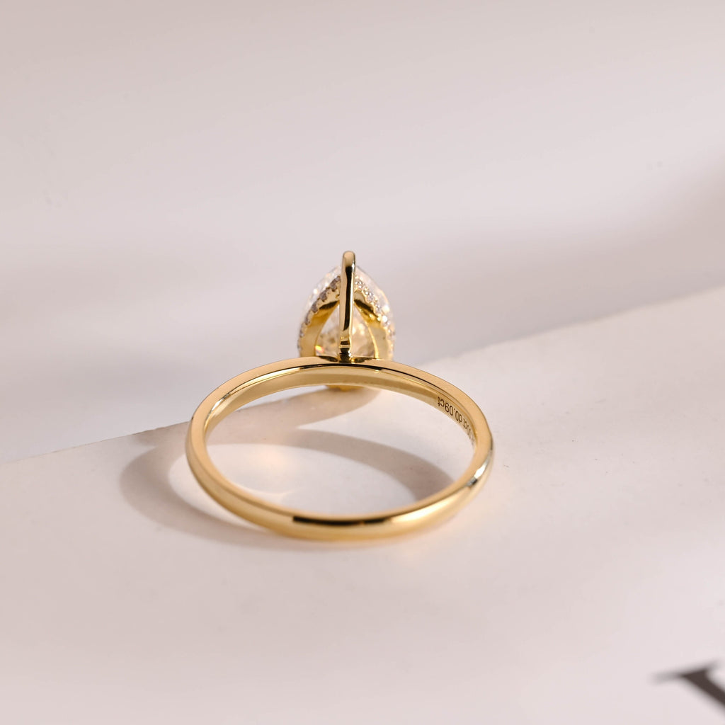 Solid Gold Pear Moissanite Engagement Ring, Hidden Halo Promise Ring