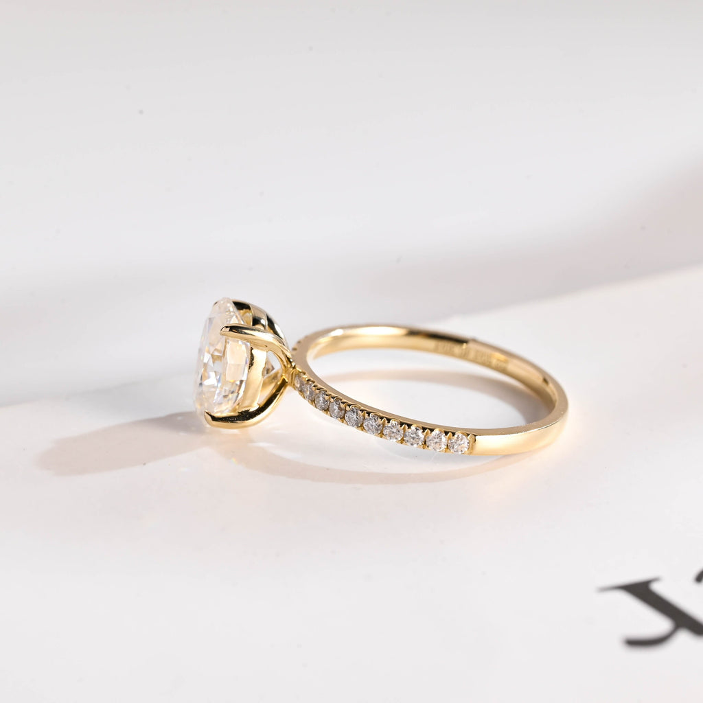 Solid Gold Oval Moissanite Engagement Ring, Half Pave Promise Ring