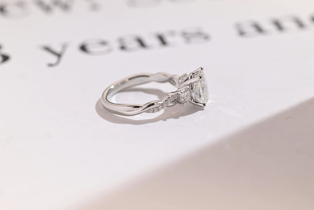 Solid Gold Oval Moissanite Engagement Ring, Twisted Band Half Eternity Bridal Ring