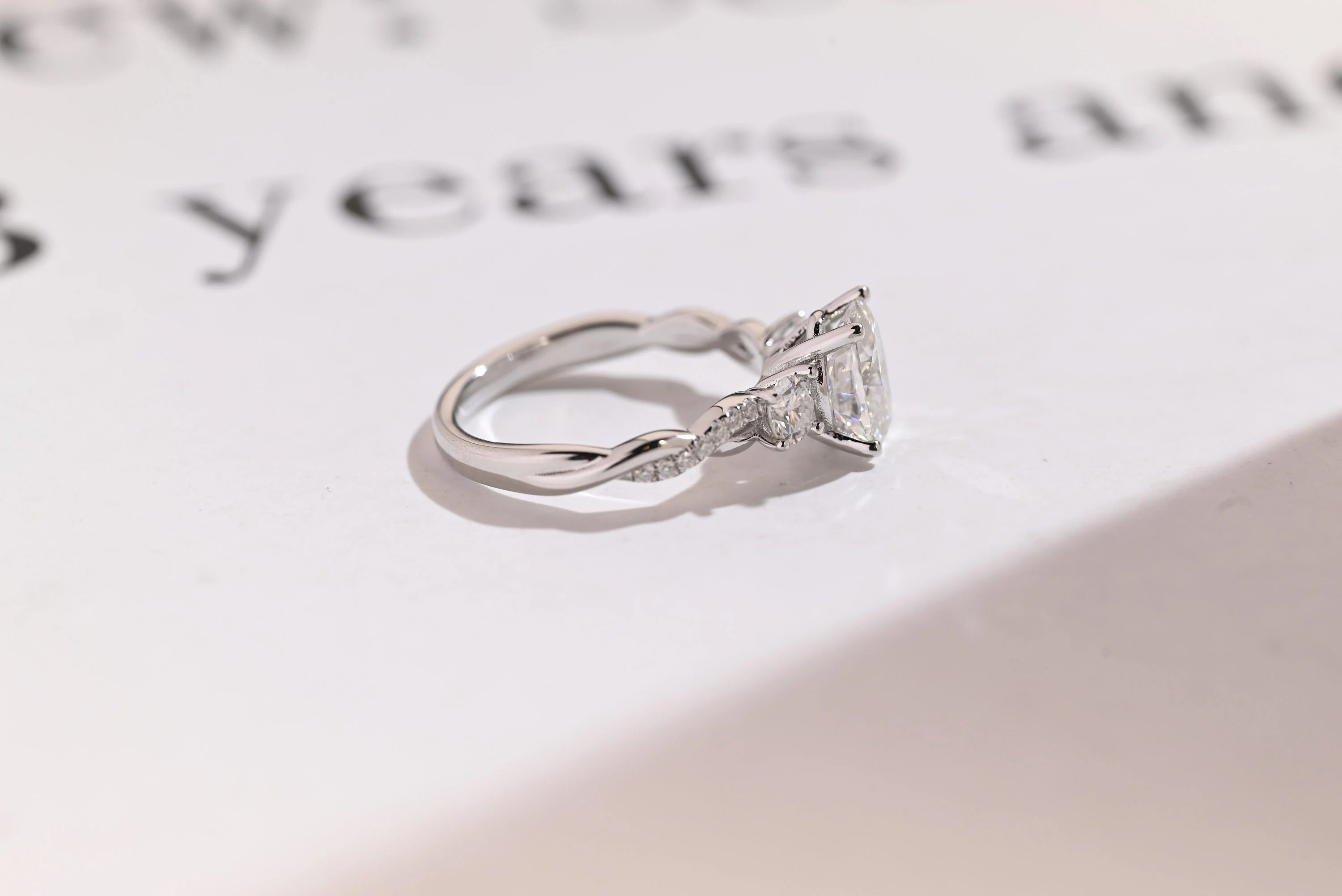 Solid Gold Oval Moissanite Engagement Ring, Twisted Band Half Eternity Bridal Ring