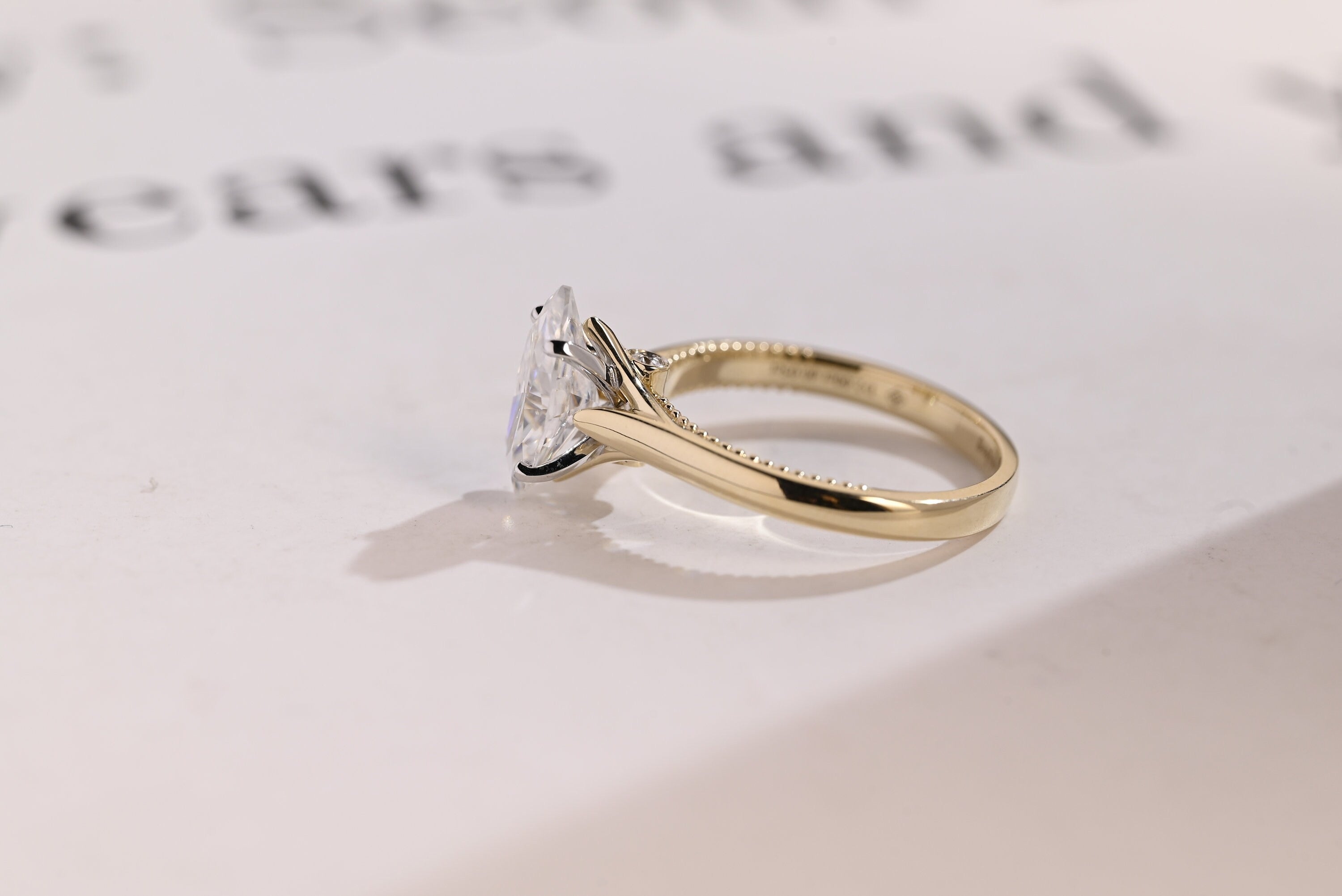 Solid Gold Two Tone Marquise Moissanite Engagement Ring, Unique Proposal Ring