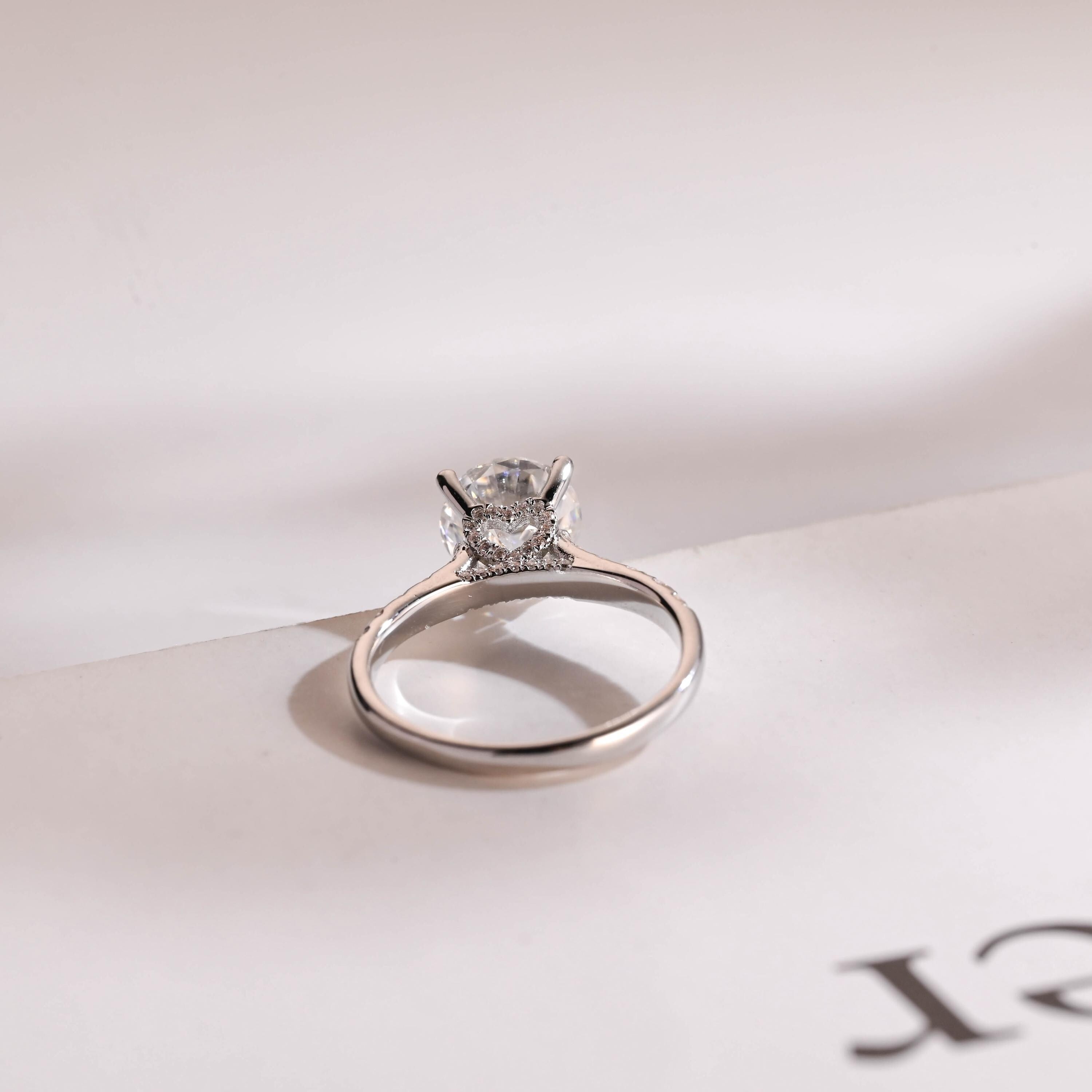 Solid Gold Hidden Halo Round Moissanite Engagement Ring, Half Eternity Promise Ring