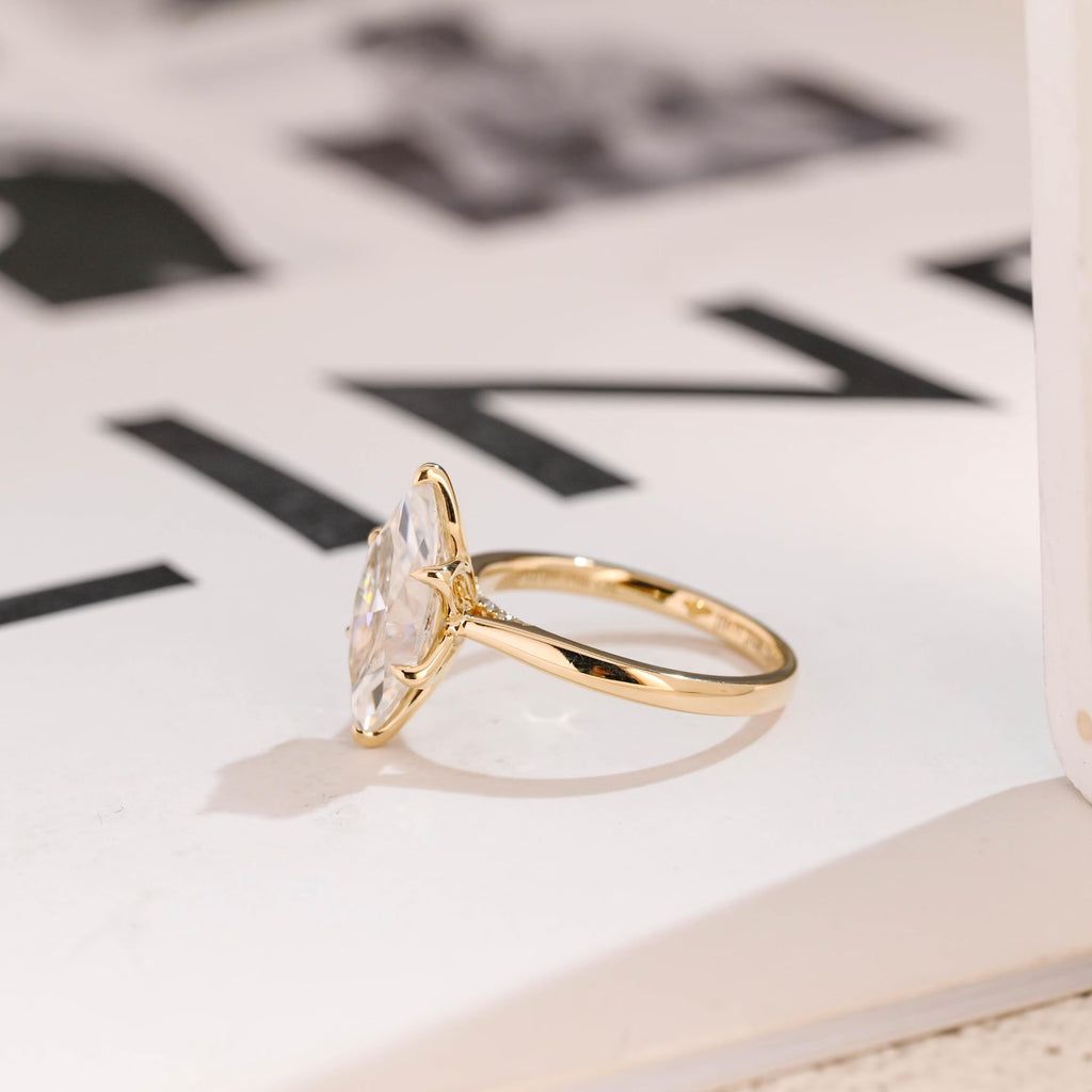 Solid Gold Tulip Floral Ring, Marquise Moissanite Engagement Ring, Cathedral Ring