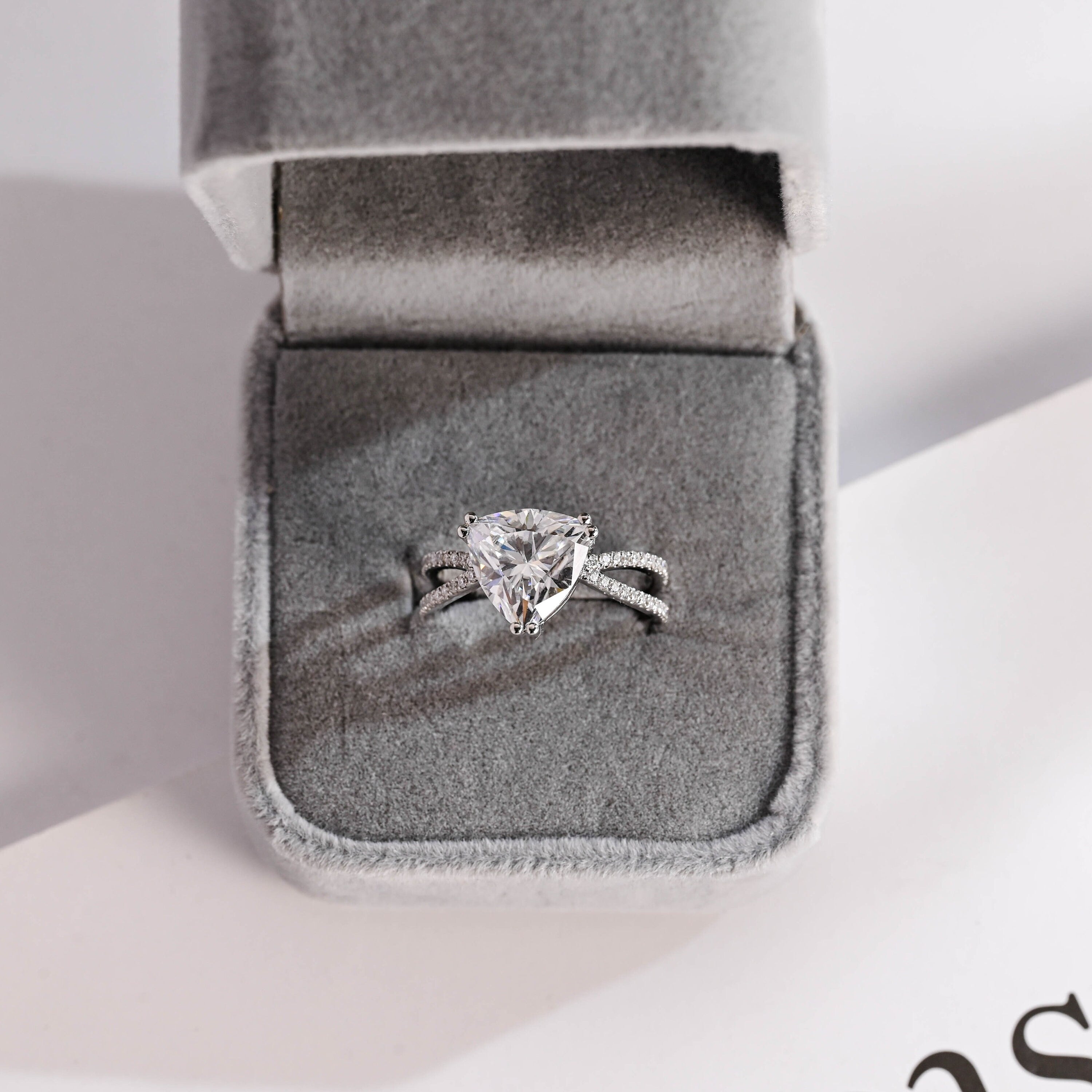 Solid Gold Trillion Cut Moissanite Engagement Ring, Double Band Open Shank Half Pave Ring