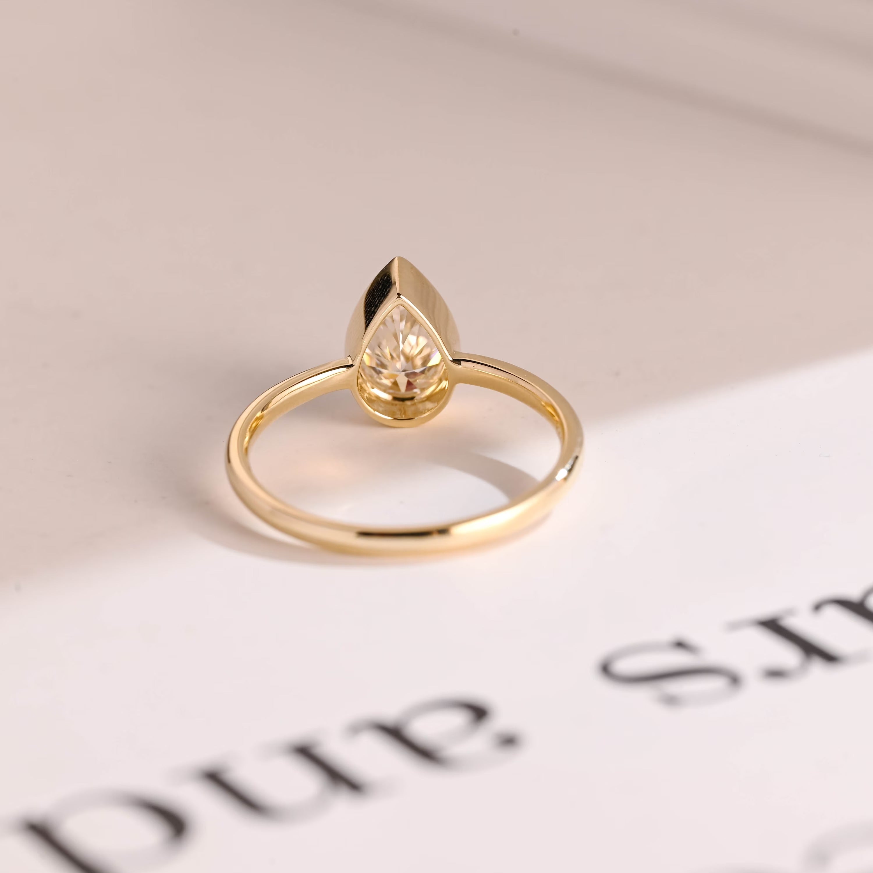 Solid Gold Pear Moissanite Engagement Ring with Bezel, Dainty Ring